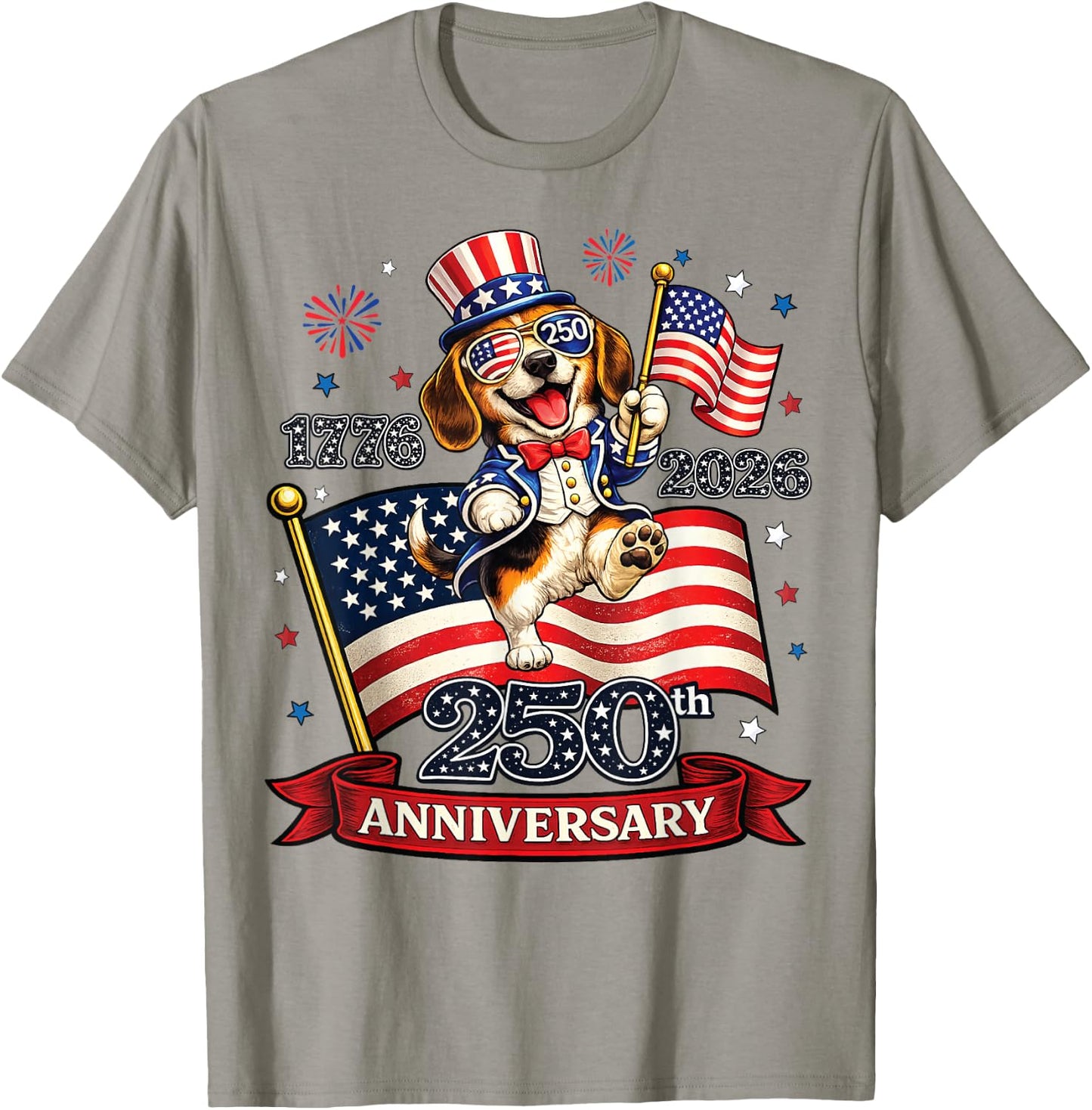 250 Anniversary USA Patriotic Dog 4th of July 2026 T-Shirt - T-Shirt | Sand