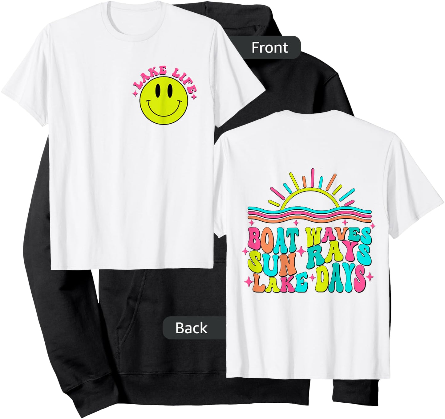 Boat Waves Sun Rays Lake Days Retro Summer vacation on Back Hoodie - Hoodie | Black