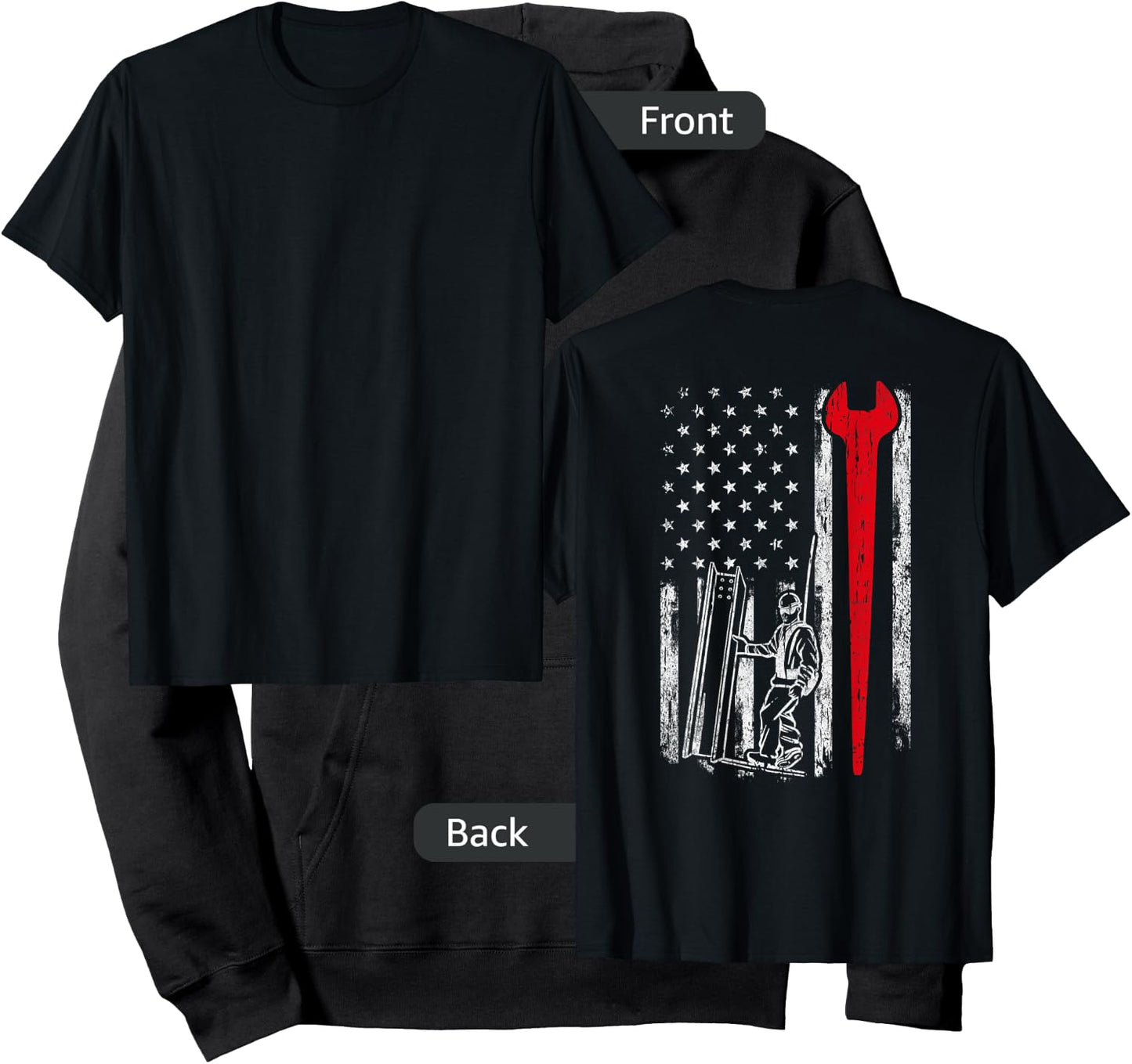 American USA Flag Ironworker Design On Back Vintage Novelty Hoodie - Hoodie | Black