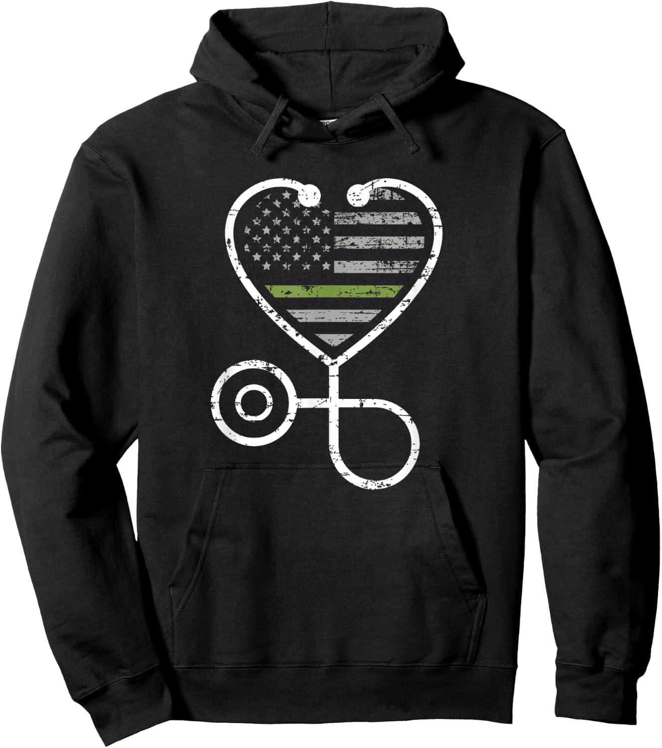 Thin Green Line Stethoscope Heart Military Nurse Hoodie - Hoodie | Black