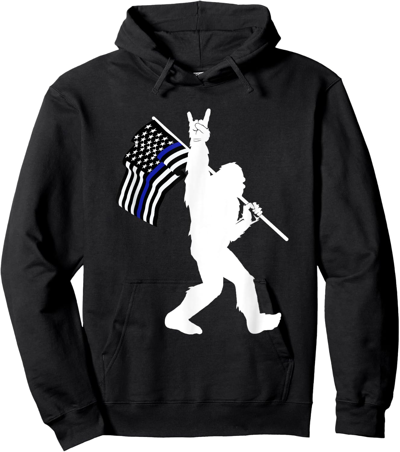 Funny Bigfoot Rock and Roll Thin Blue Line Flag for Police Hoodie - Hoodie | Black