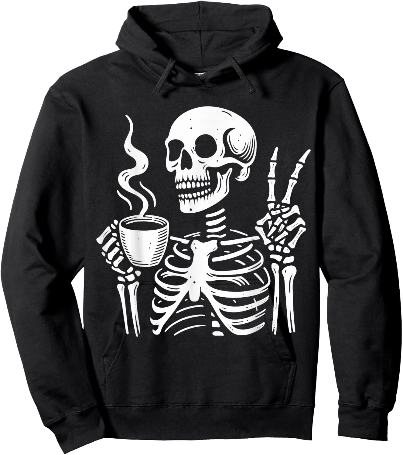 Skeleton Drinking Coffee Gothic Peace Sign Halloween Hippie Hoodie - Hoodie | Black