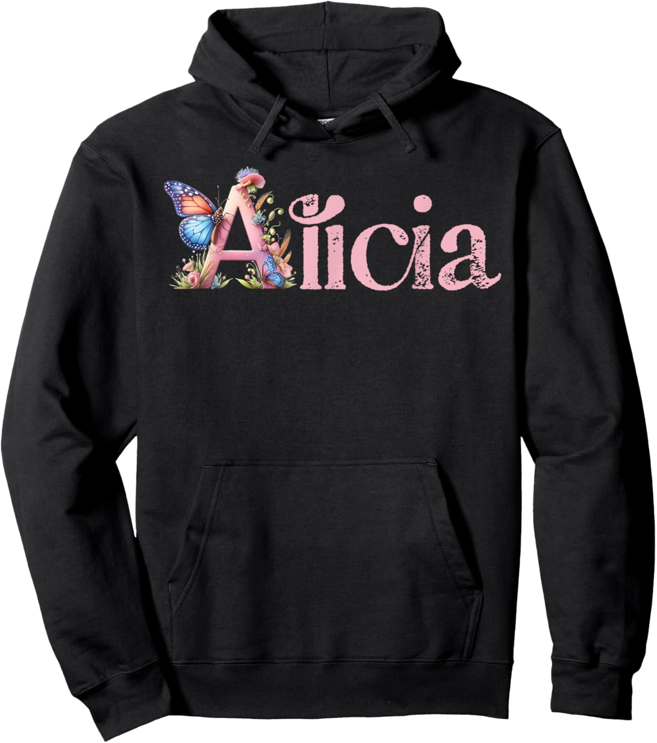 Alicia Initial A Spring Floral And Wings Name Hoodie - Hoodie | Black