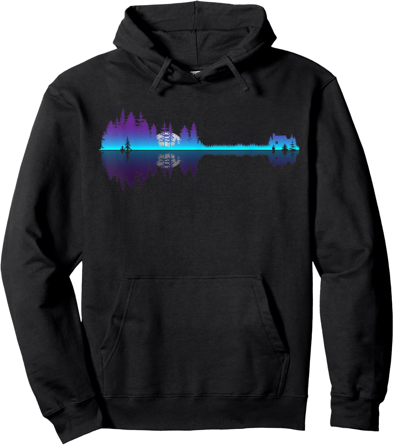 Musician Guitar Shaped Trees Lake Reflection of Cabin Moon Hoodie - Hoodie | Black