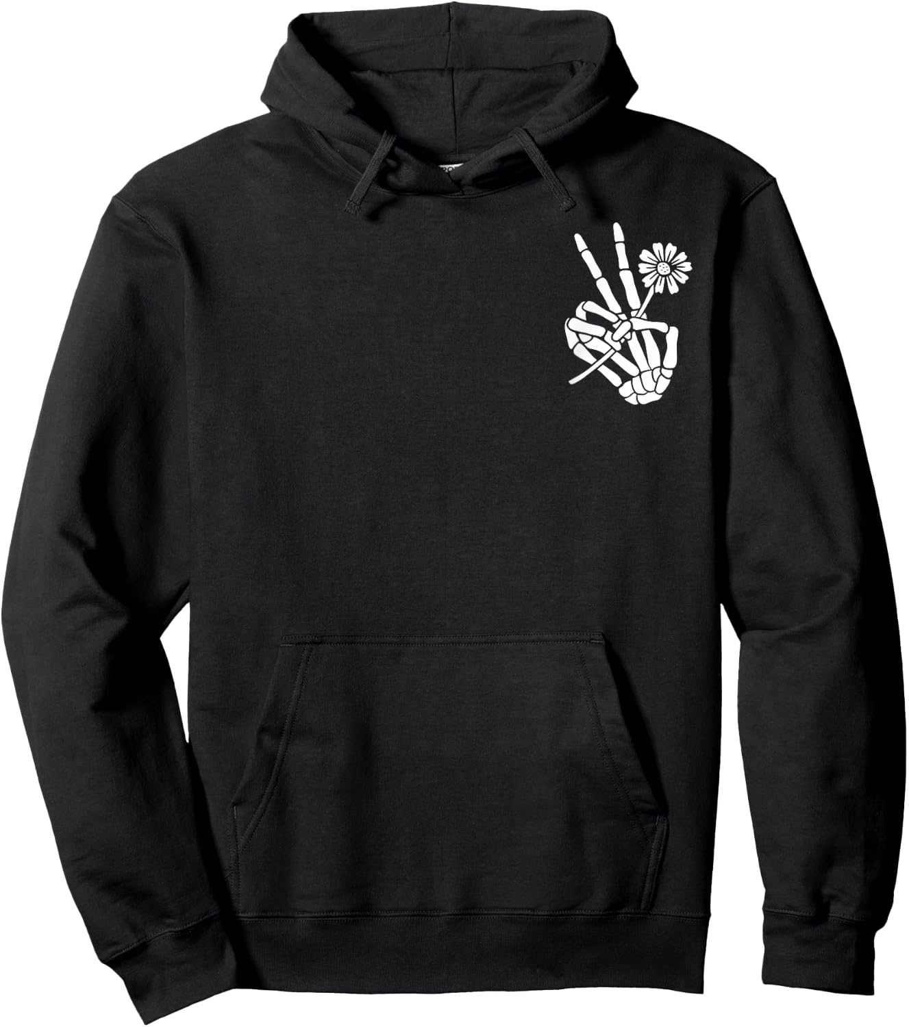 Skeleton Hand Holding Flower Peace Sign Halloween Pocket Hoodie - Hoodie | Black