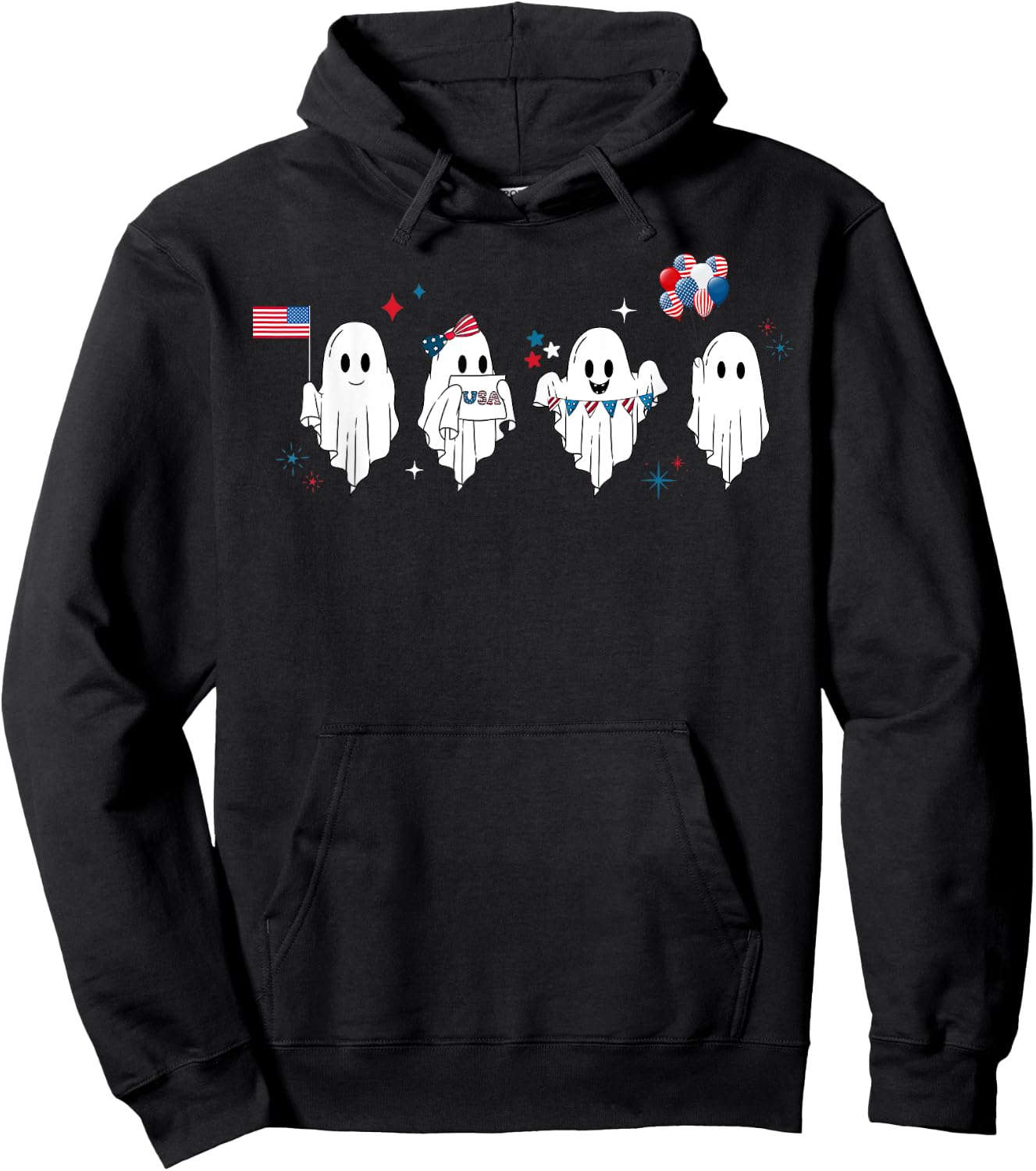 Cute Ghost American Flag Spooky Patriotic 4th Of July Hoodie - Hoodie | Black