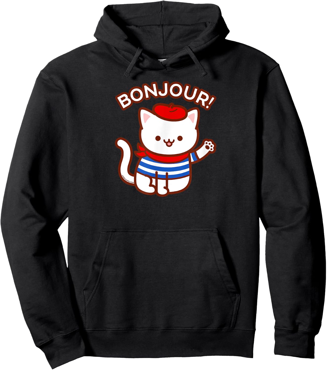 BONJOUR! - Cute Funny French Cat Saying Hello Hoodie - Hoodie | Black