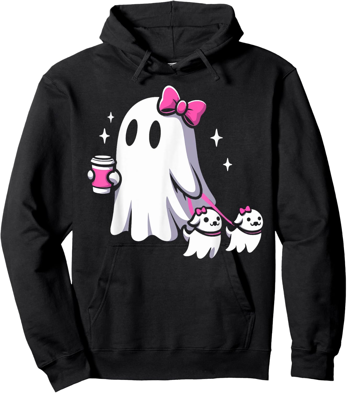 Halloween Cute Ghost Walking Dog Spooky Pink Coquette Ghost Men Women Girls Kids Hoodie - Hoodie | Black