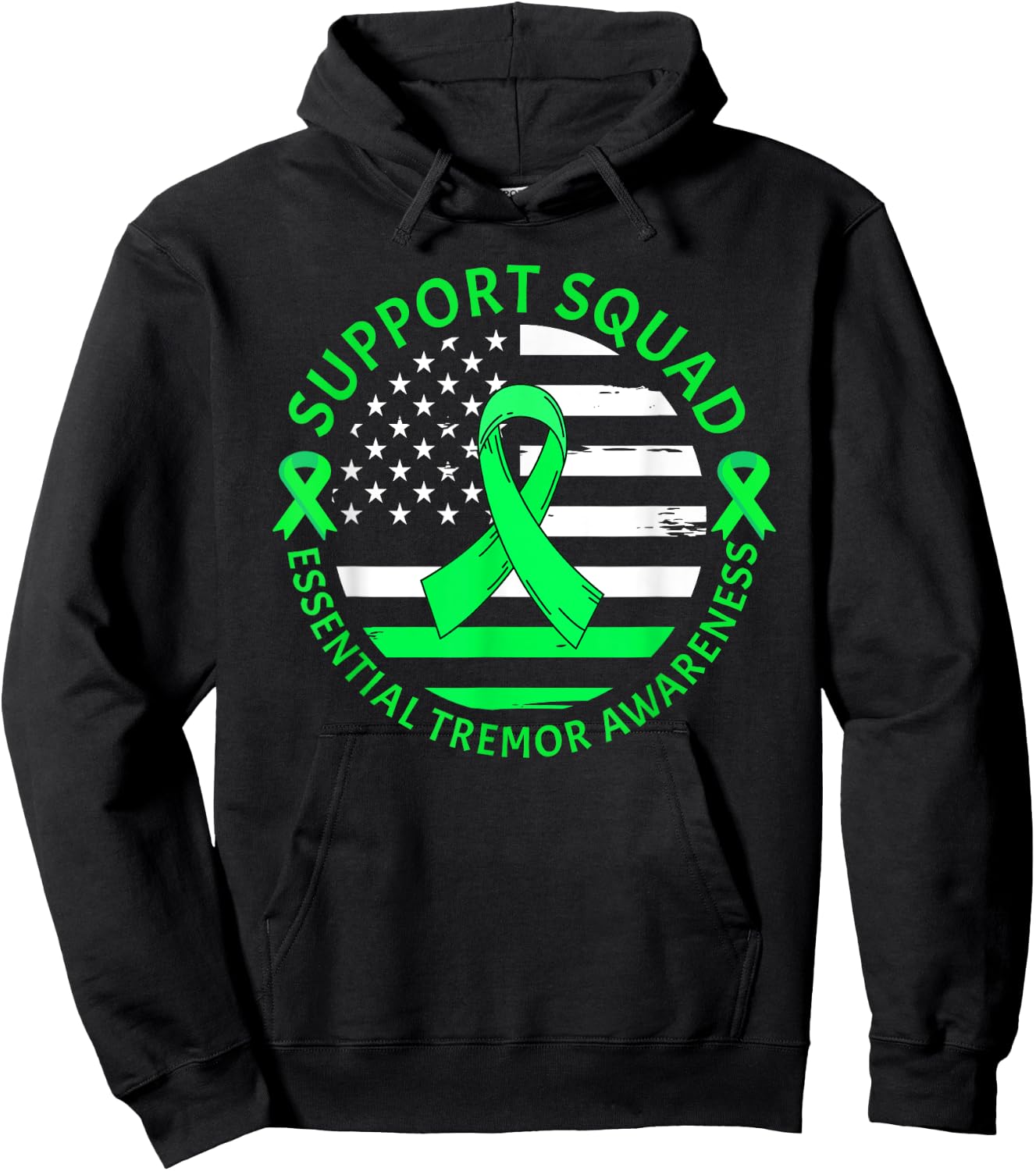 Essential Tremor Support Squad Warrior Green Ribbon USA Flag Hoodie - Hoodie | Black