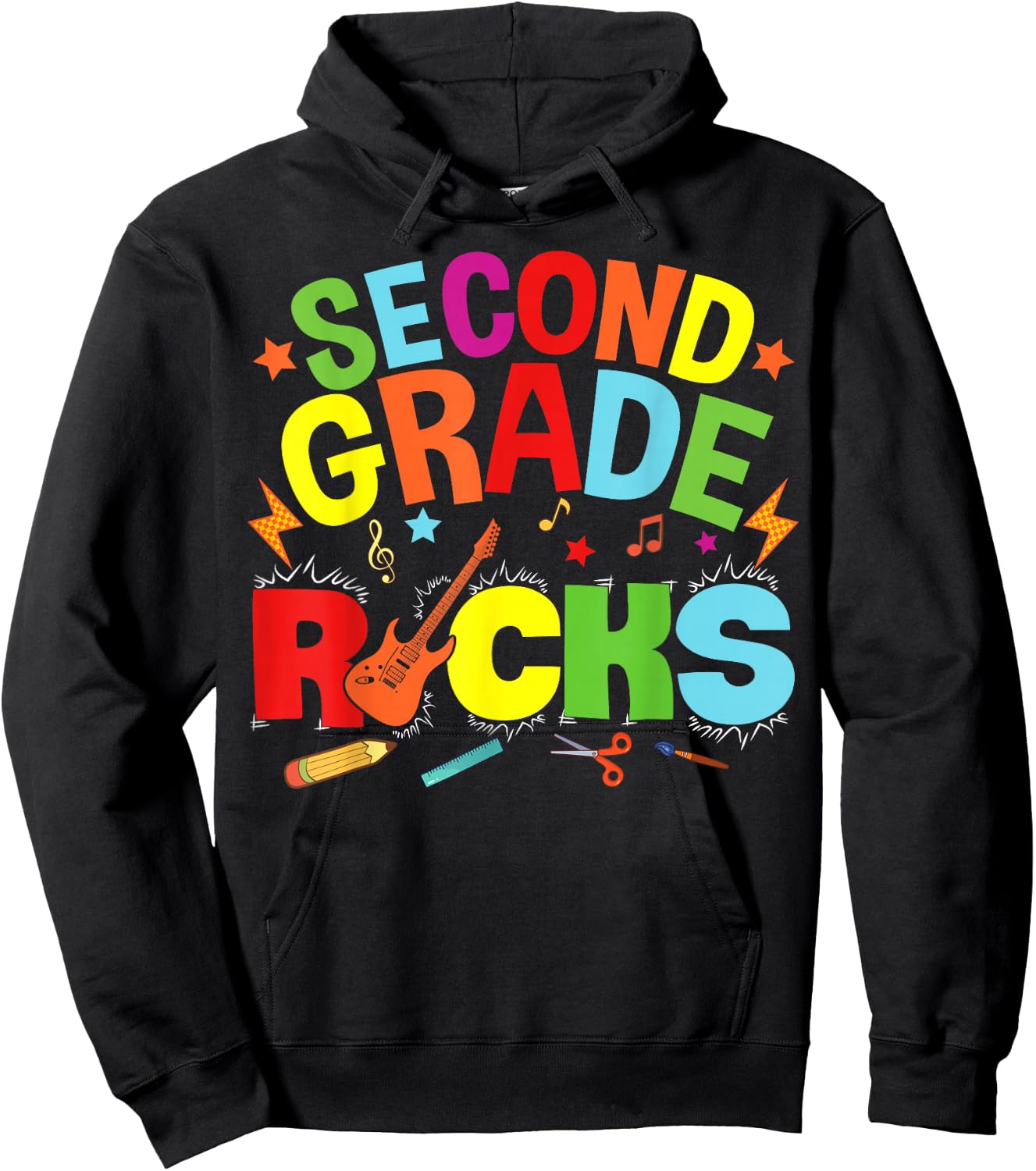 Hello 2nd Grade Rocks Teacher Team Vibes Rockstar Hoodie - Hoodie | Black