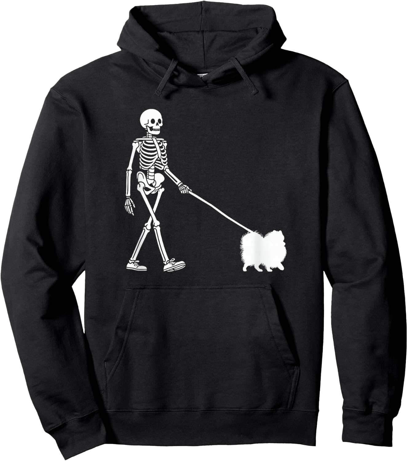 Skeleton Walking a Dog Pomeranian Halloween Outfit Women Kids Hoodie - Hoodie | Black