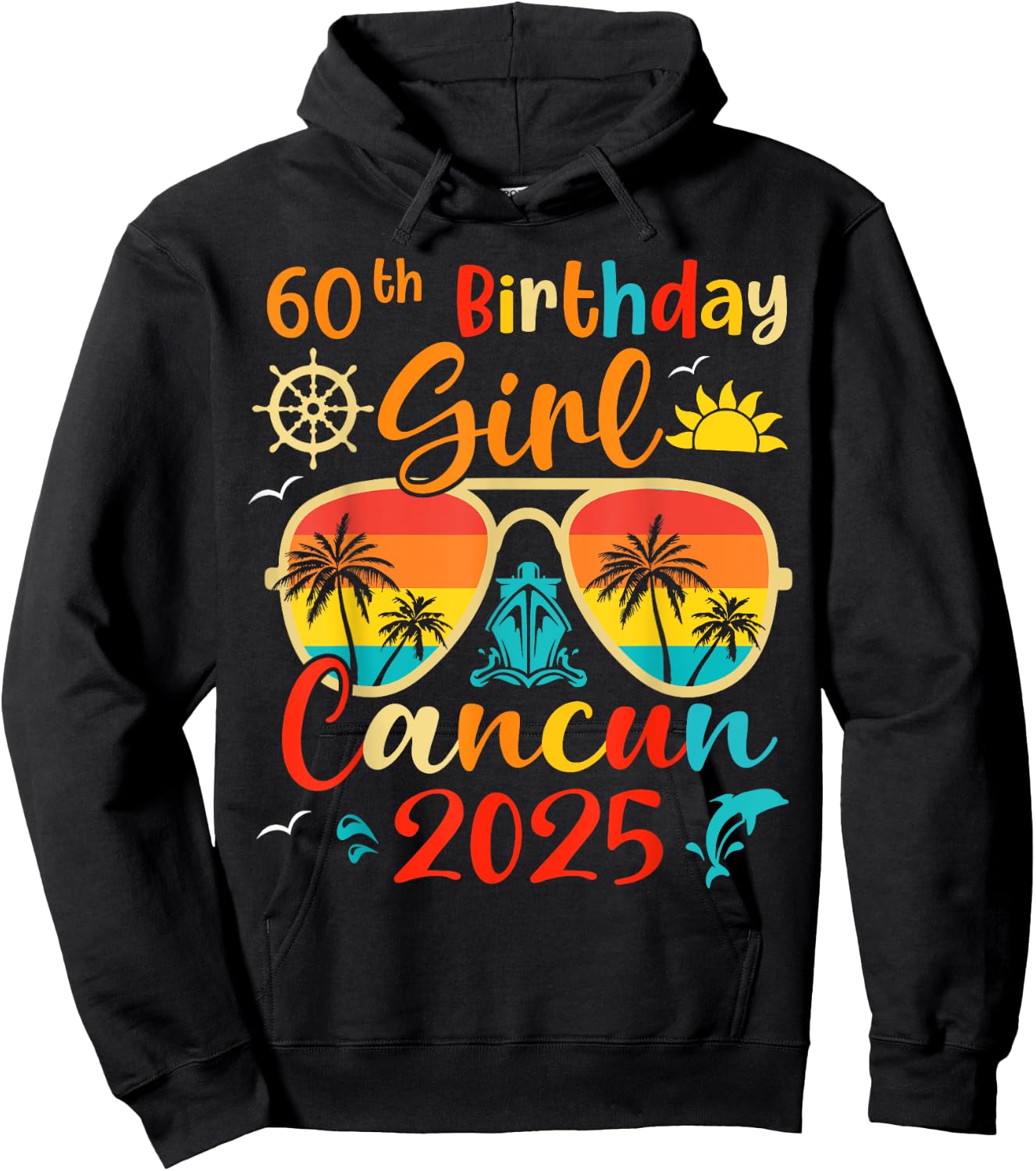 Vintage 60th Birthday Girls Cancun 2025 Beach Vacation Trip Hoodie - Hoodie | Black
