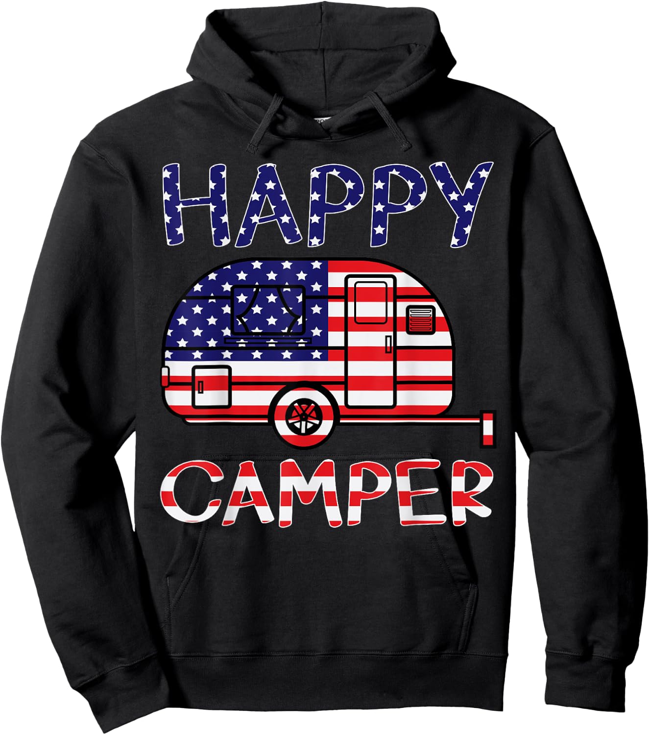 Happy Camper Retro Family Camping 4th of July American Pride Hoodie - Hoodie | Black