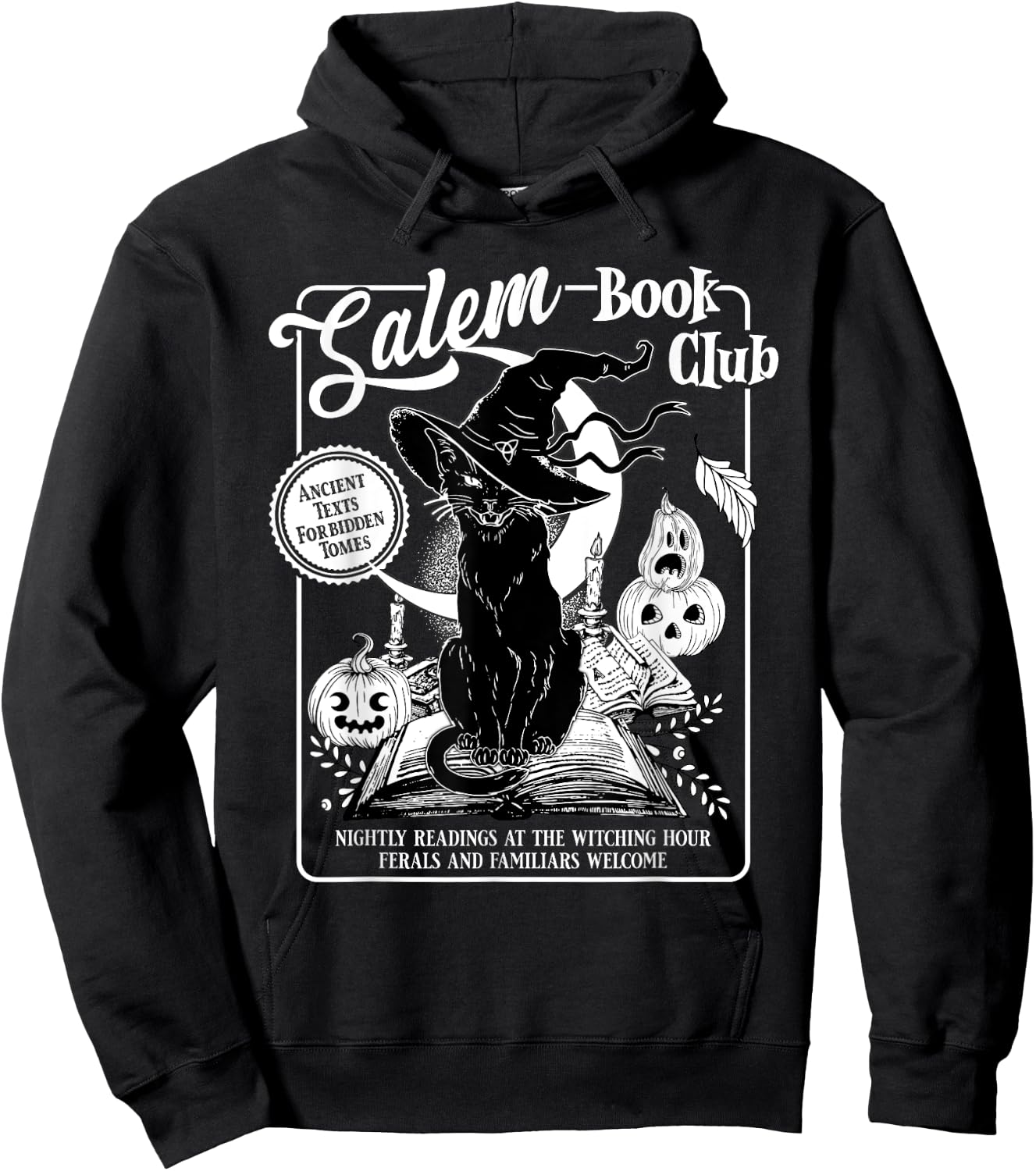 Salem Witch Book Club Bookish Retro Halloween Black Cat Men Women Kids Hoodie - Hoodie | Black