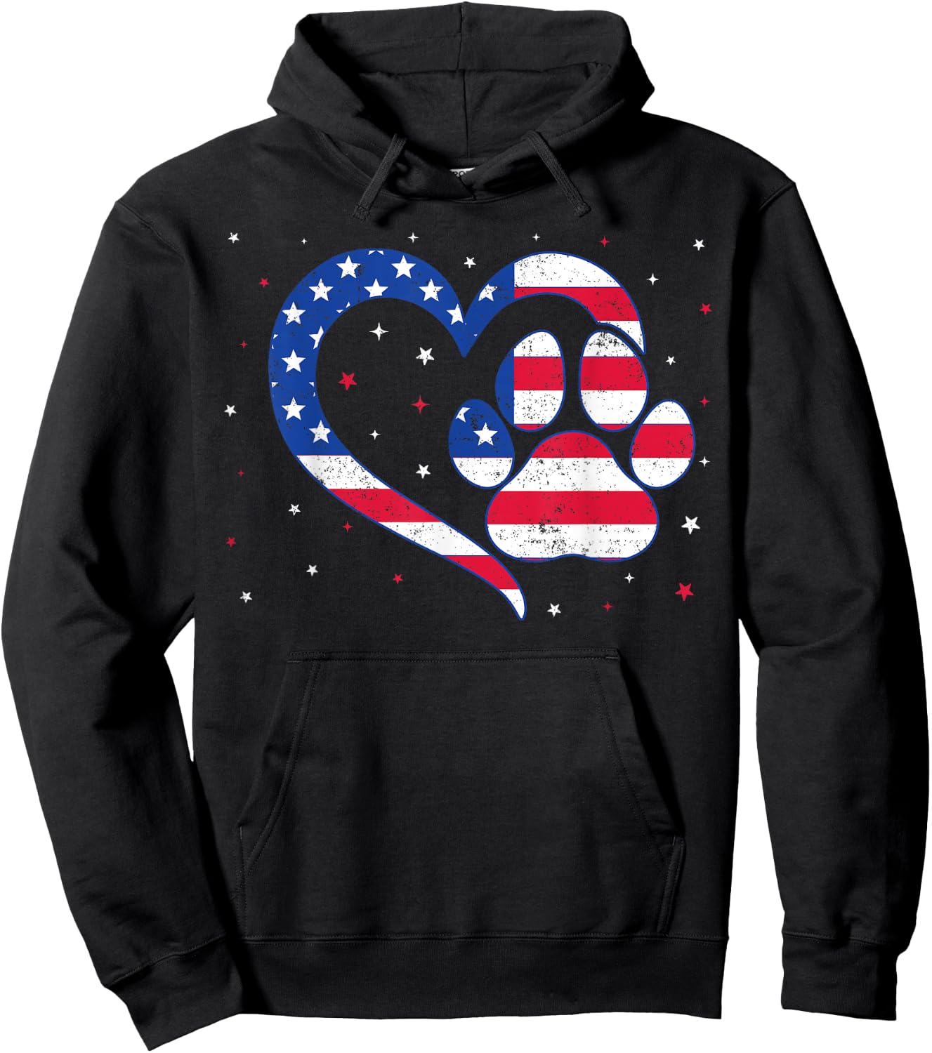 Cat & Dog Paw Heart American Flag Patriotic USA 4th Of July Hoodie - Hoodie | Black