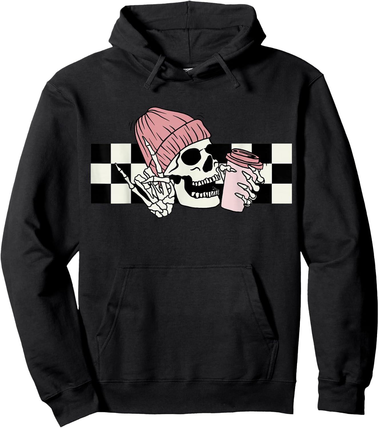 Skeleton Peace Sign Coffee Checkerboard Hoodie - Hoodie | Black