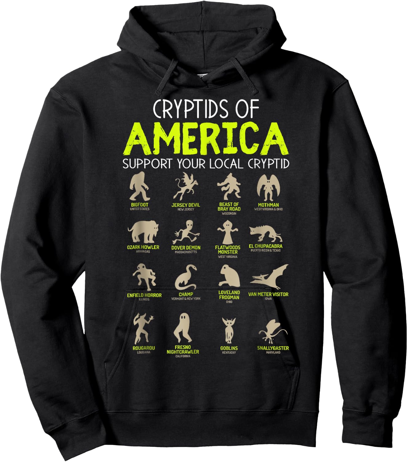 Cryptids of America Support Your Local Cryptid Folklore Hoodie - Hoodie | Black