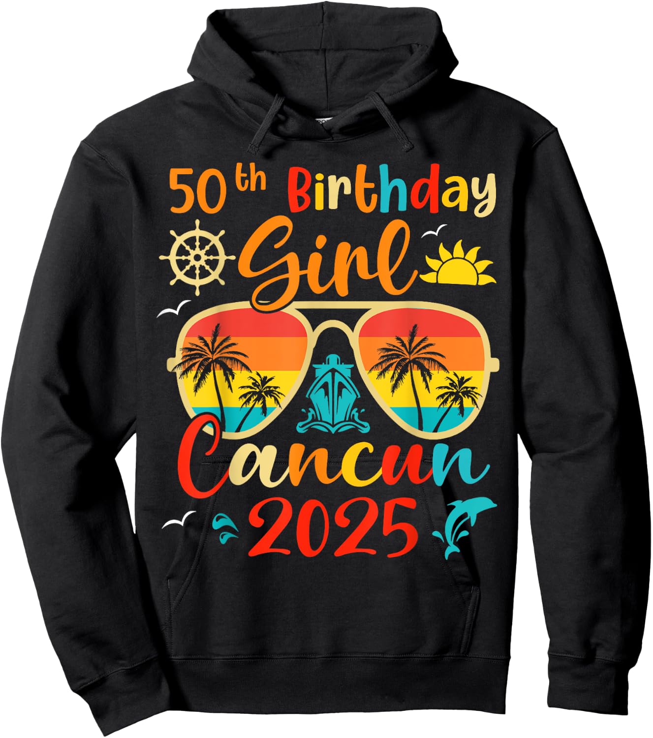 Vintage 50th Birthday Girls Cancun 2025 Beach Vacation Trip Hoodie - Hoodie | Black