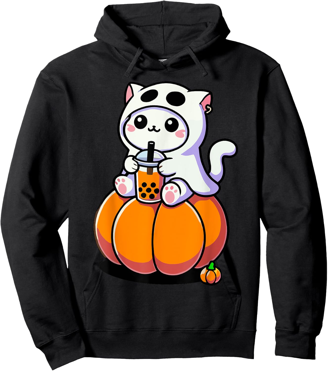 Cute Halloween Cat in Ghost Costume Drinking Boba Tea Men Women Kids Hoodie - Hoodie | Black