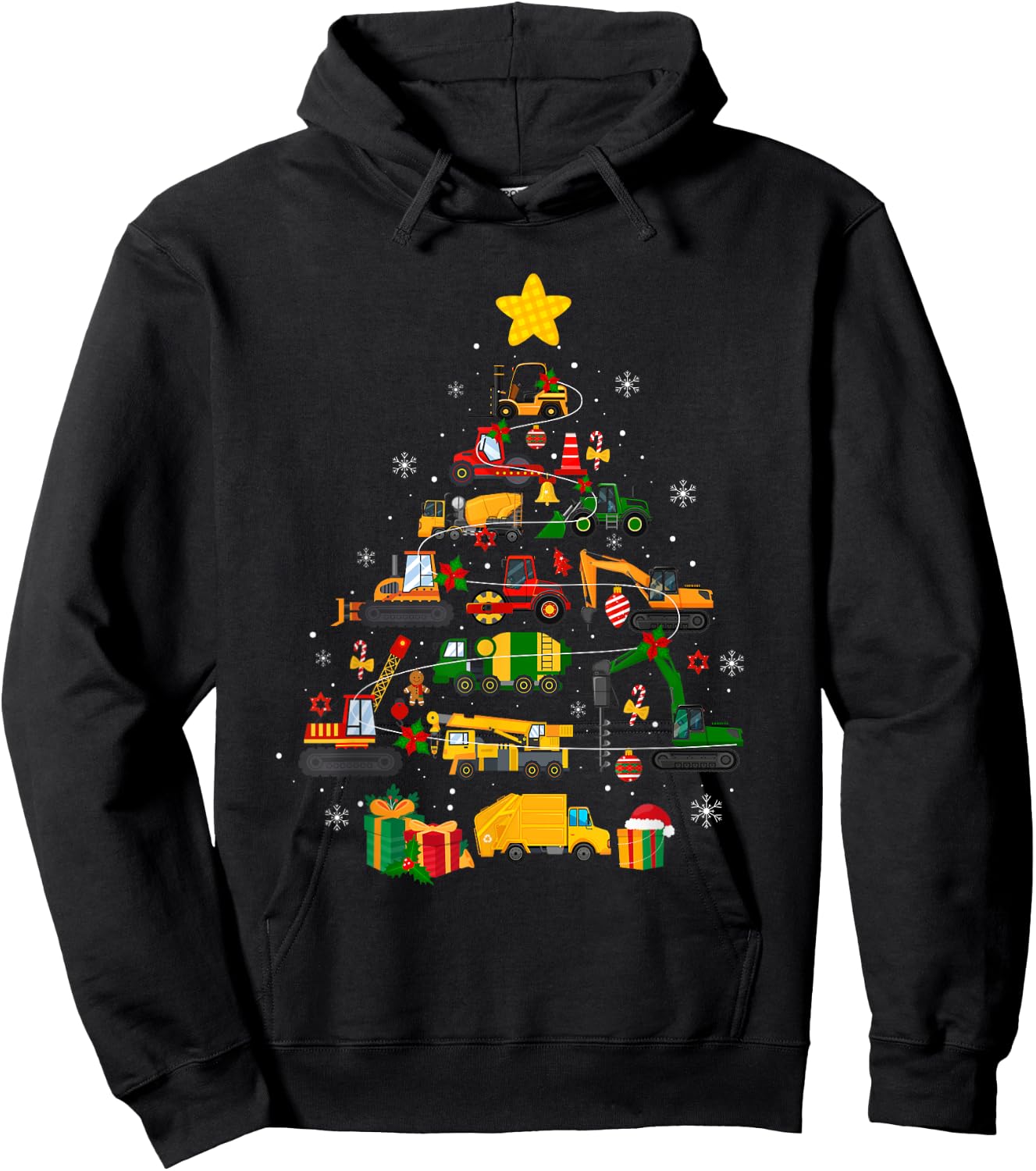 Cute Christmas Tree Santa Hat Construction Excavator Truck Hoodie - Hoodie | Black