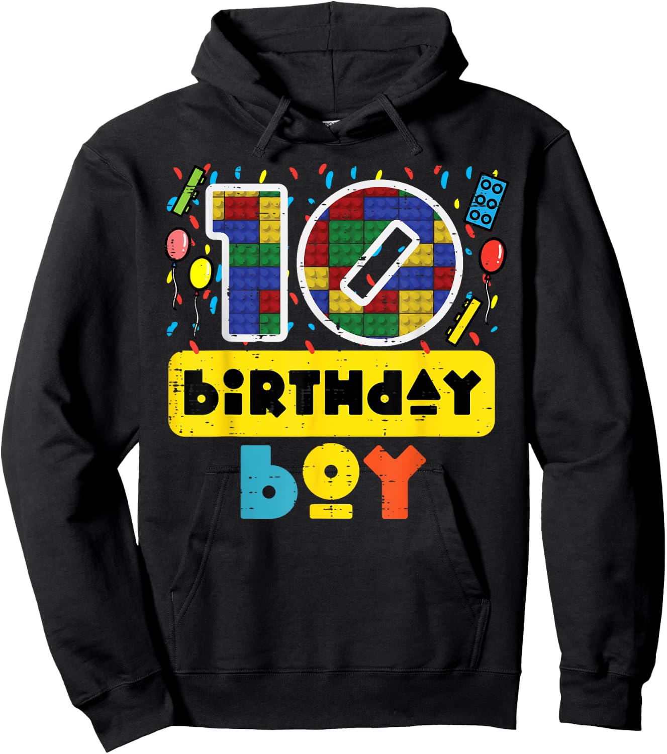 10 Birthday Boy Building Blocks 10th Bday Party Boys Kids Hoodie - Hoodie | Black