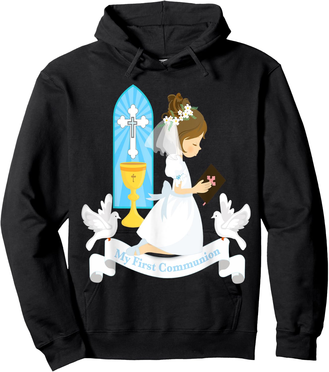 My First Communion Girls Daughter Godchild Brunette Church Hoodie - Hoodie | Black