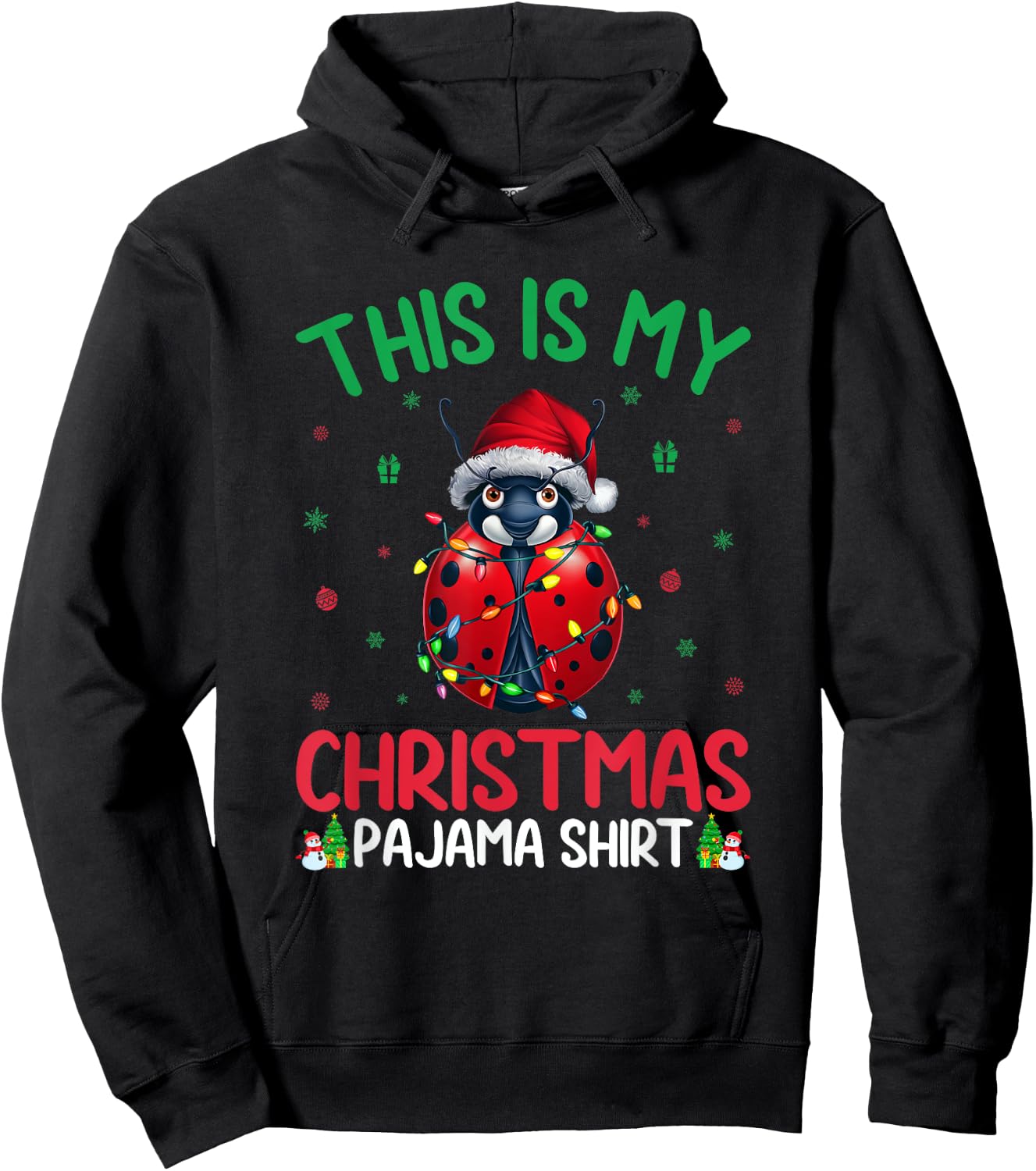 Ugly Xmas Tree Lights Santa Ladybug Christmas Pajama Hoodie - Hoodie | Black