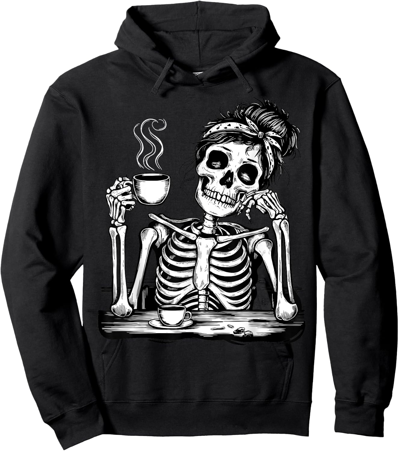 Messy Bun Drinking Coffee Skeleton Tired Mom Hoodie - Hoodie | Black