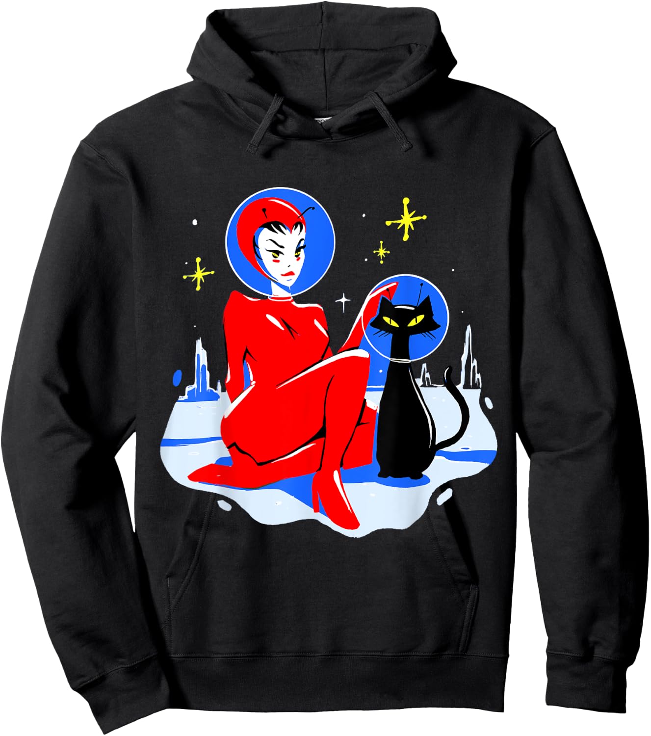 Mid Century Space Cat Retro Atomic Age Alien Pin Up Girl Hoodie - Hoodie | Black