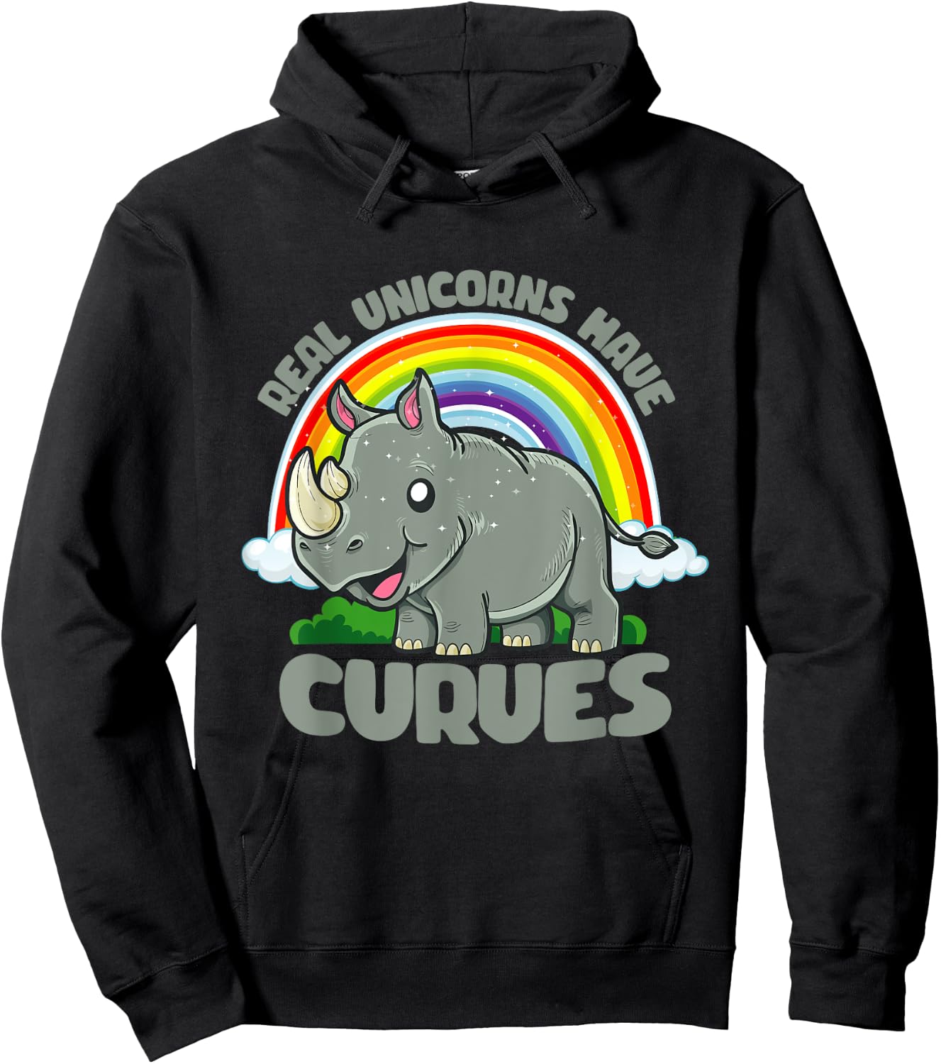 Real Unicorns Have Curves Rhinoceros Rhino Rainbow Fantasy Hoodie - Hoodie | Black