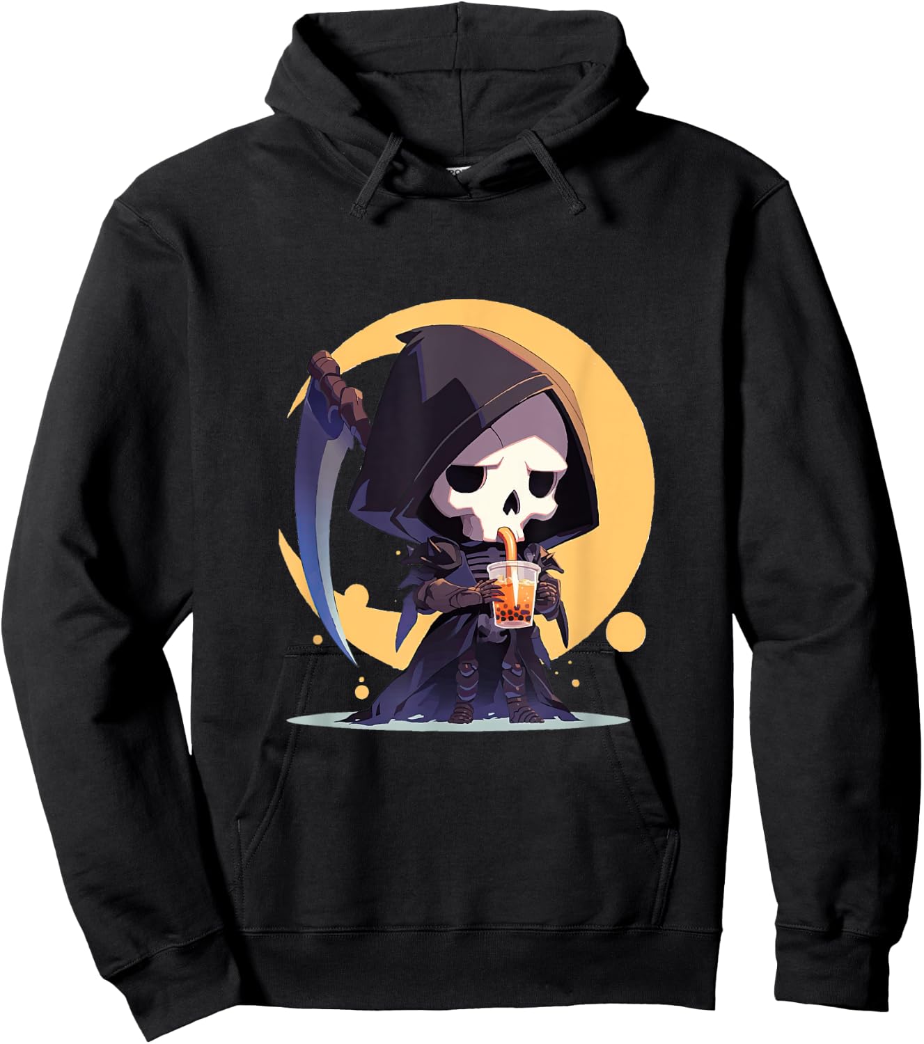 Cute Chibi Grim Reaper Drinking Boba Tea Hoodie - Hoodie | Black