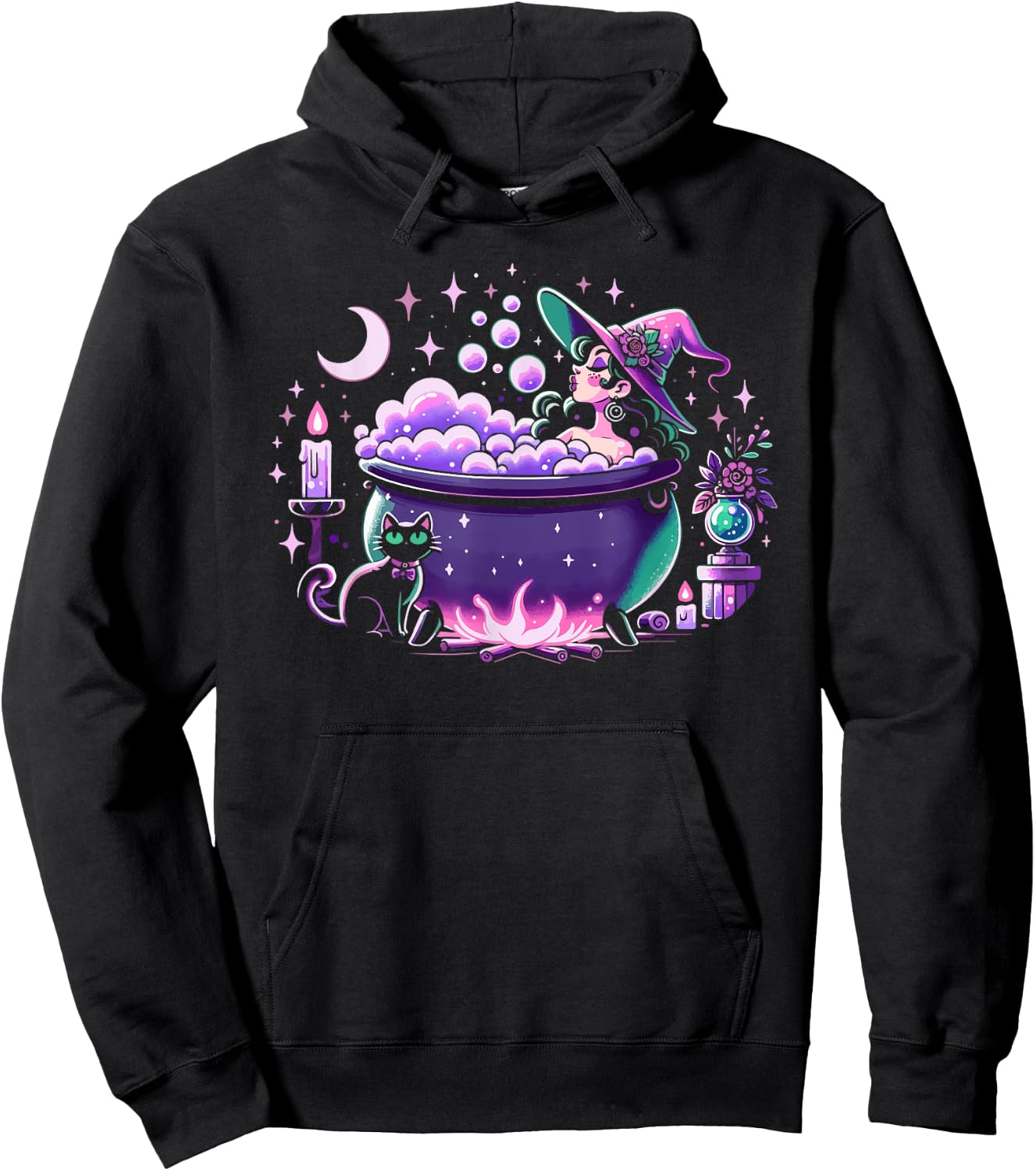 Witch Bubble Bath Cauldron Purple Pink Pastel Goth Cute Cat Hoodie - Hoodie | Black