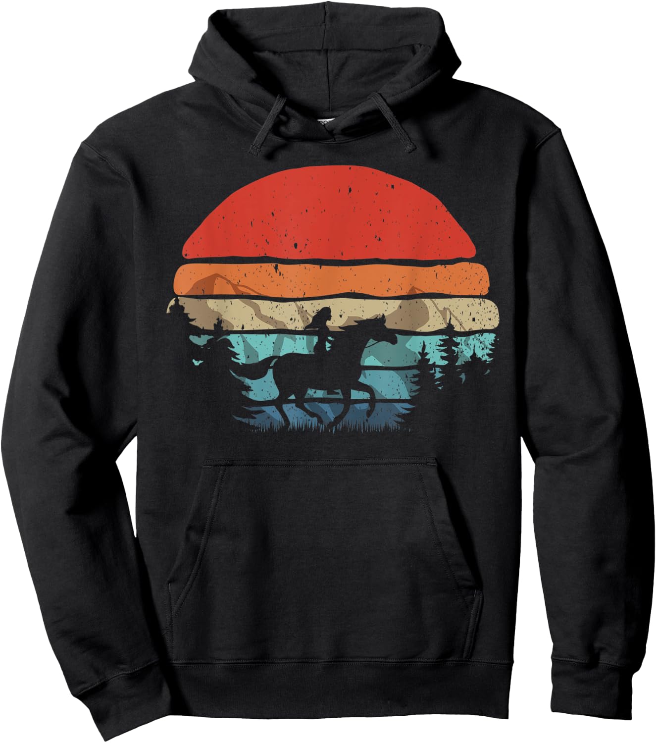 Retro Horse Riding Cowgirl Mountains Sunset Vintage Hoodie - Hoodie | Black