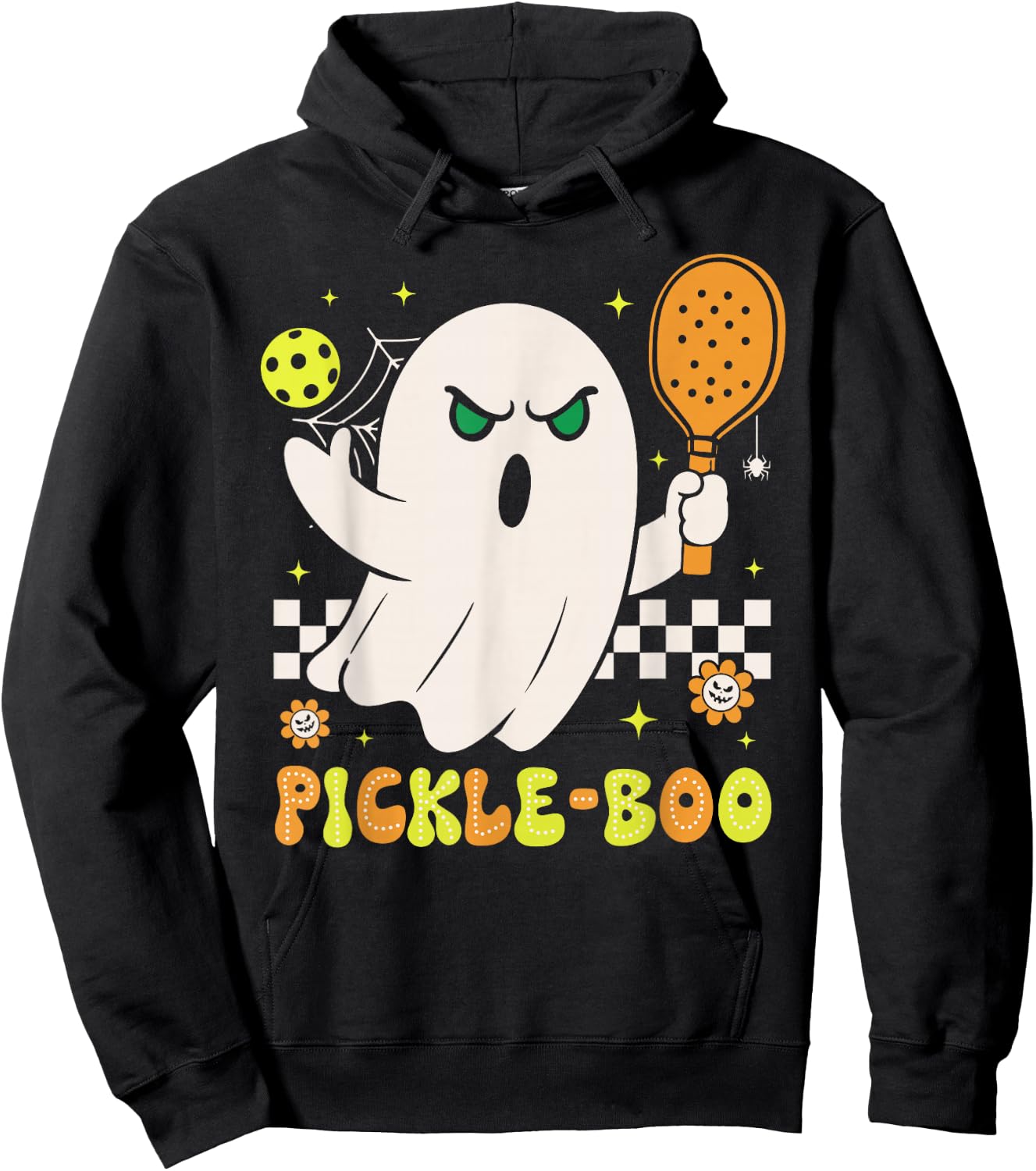 Groovy Halloween Pickleball Pickle Boo Ghost Men Women Kids Hoodie - Hoodie | Black
