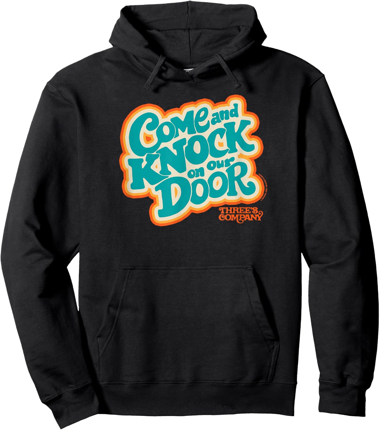 Three's Company Come And Knock On Our Door Retro Typography Hoodie - Hoodie | Black