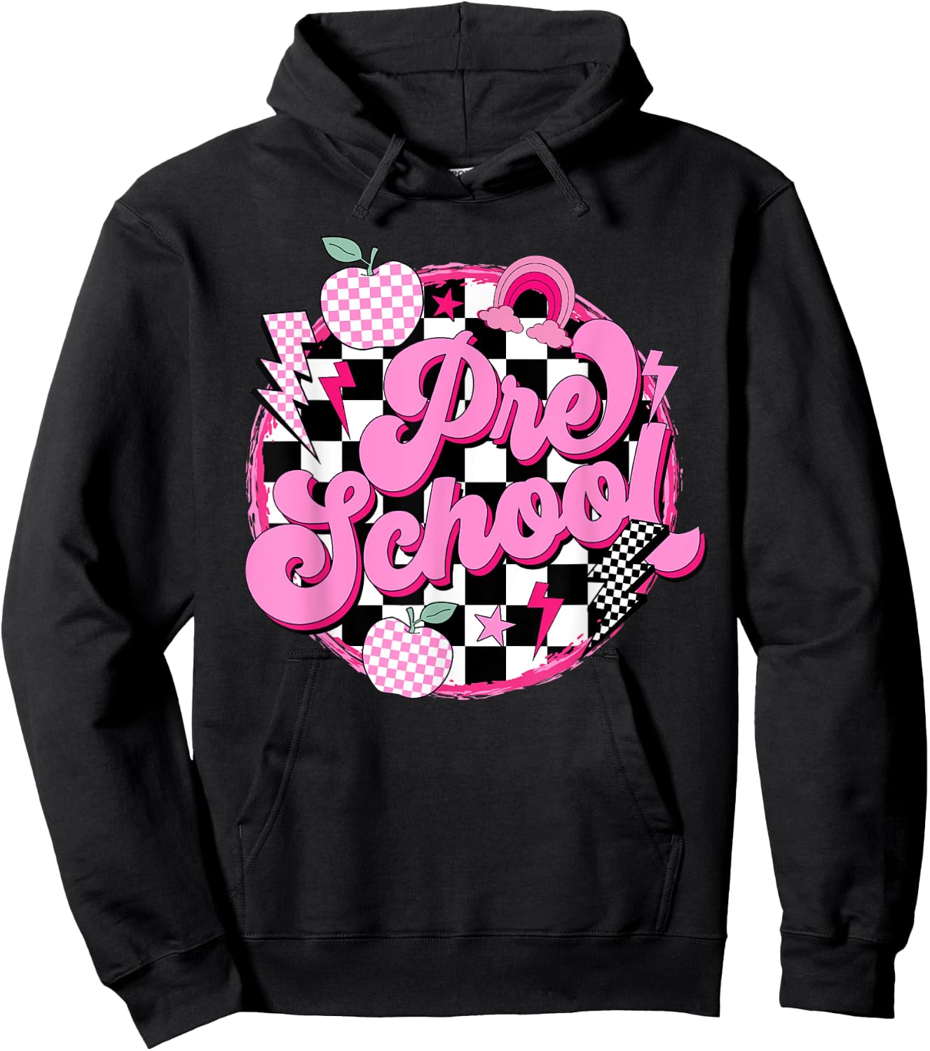 Preschool Teacher Women Retro Checkered First Day of School Hoodie - Hoodie | Black