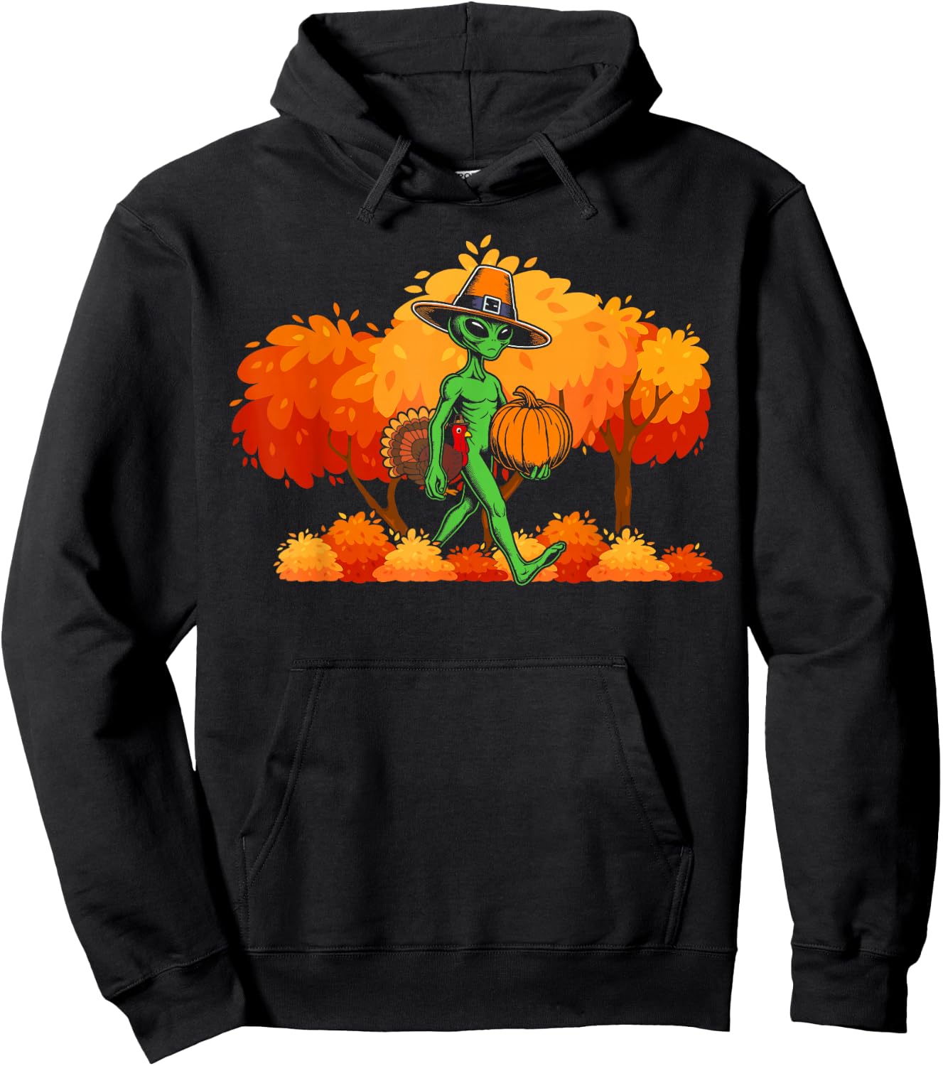 Alien thanksgiving Pilgrim Turkey Pumpkin autumn leaves fall Hoodie - Hoodie | Black