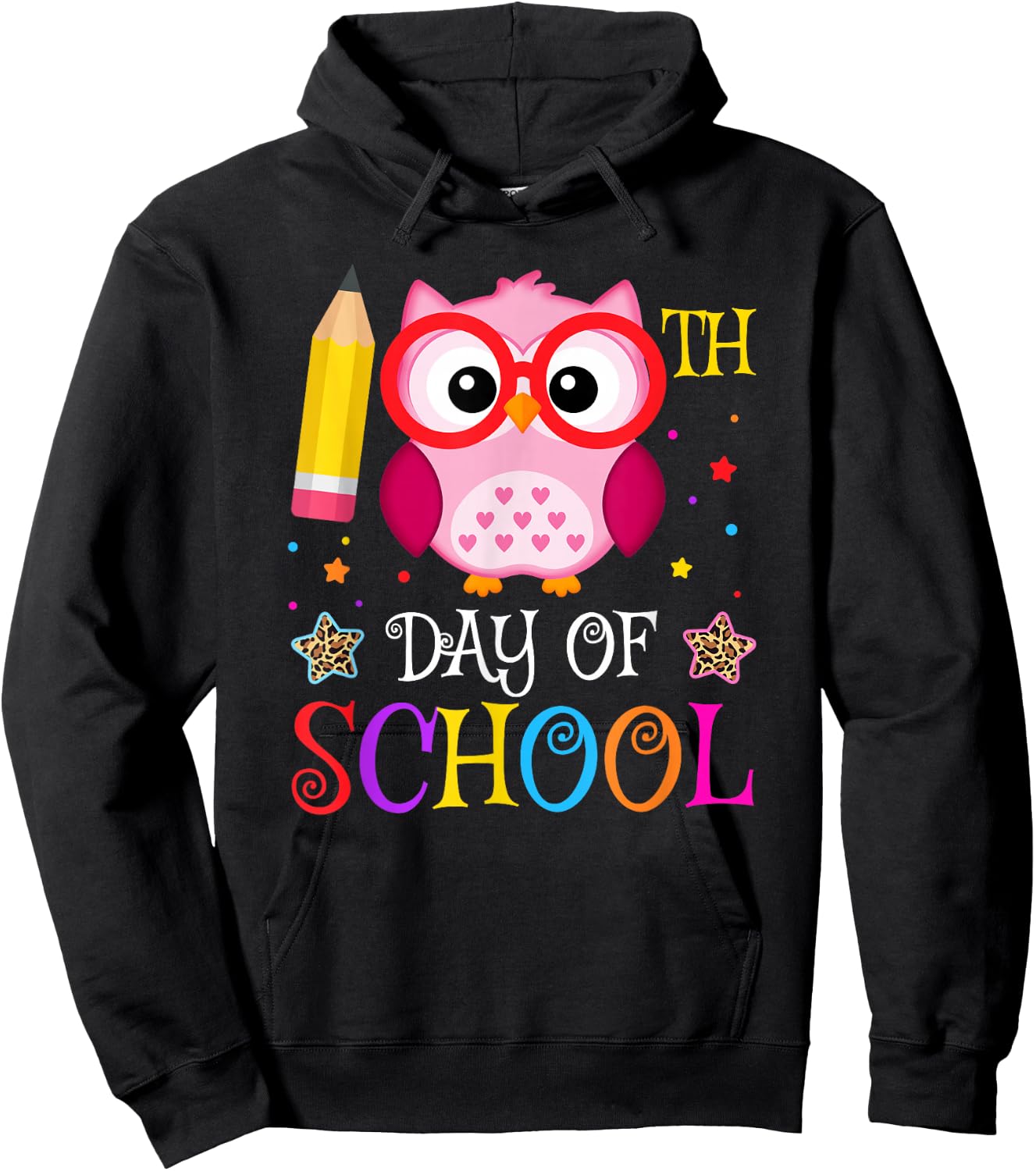 Cute 100th Day Of School Owl Lover Kids Girls Leopard Hoodie - Hoodie | Black