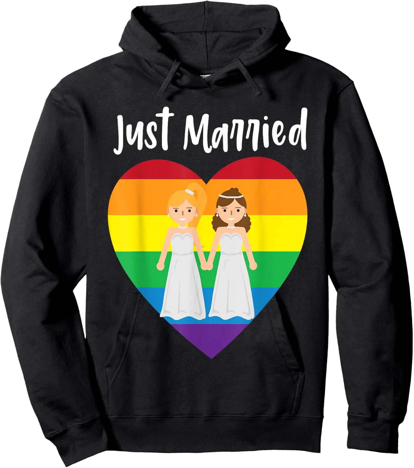 Just Married Double Bride Lesbian Pride Rainbow Color Print Hoodie - Hoodie | Black