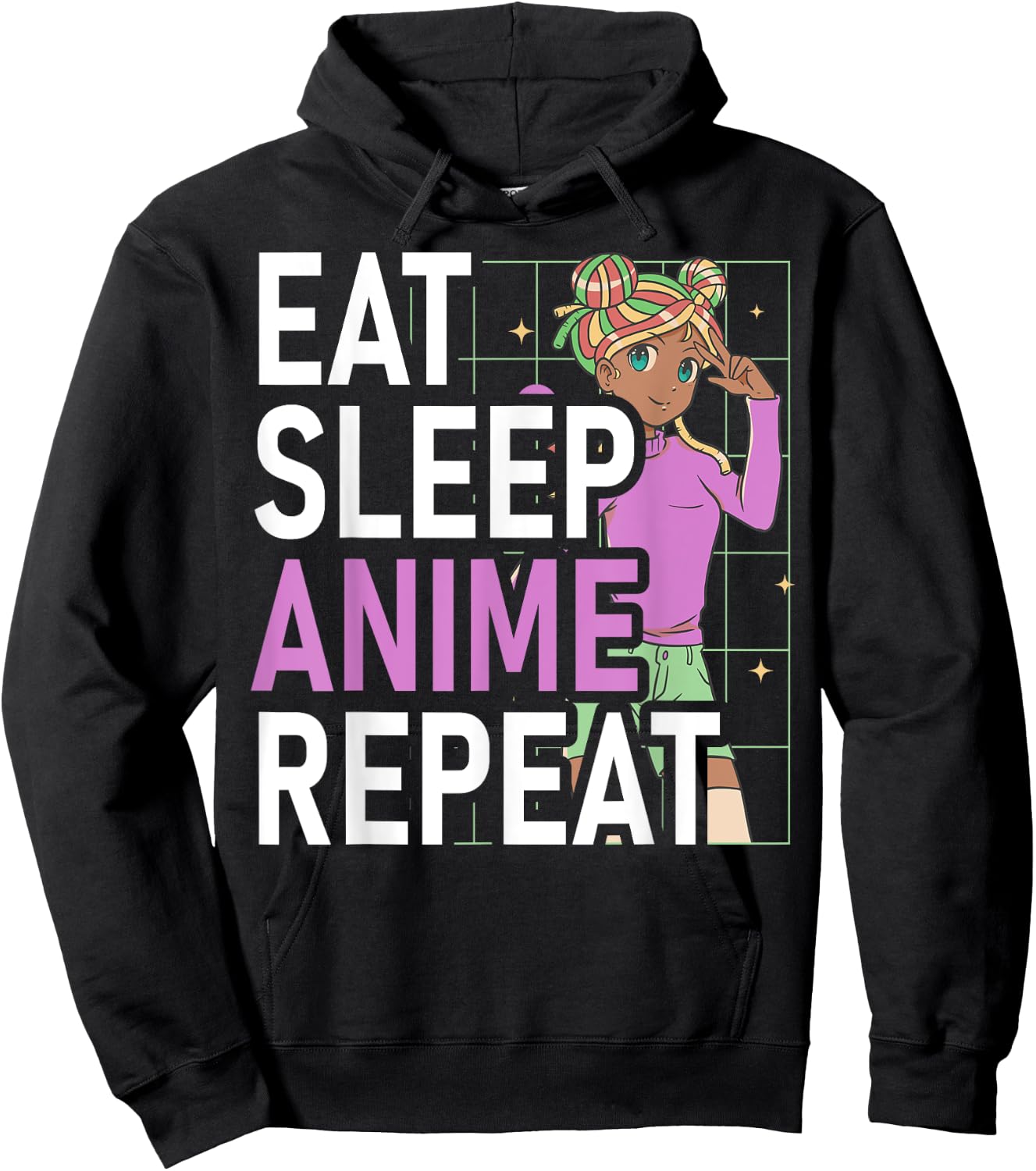 Eat Sleep Anime Repeat Anime Black Girl Afro Manga Otaku Hoodie - Hoodie | Black