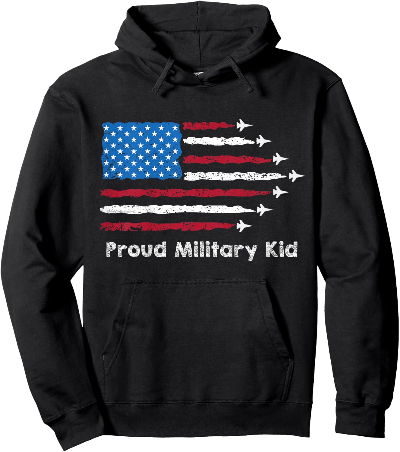 Kids Red, White and Blue US Flag with Jets Proud Military Kid Hoodie - Hoodie | Black