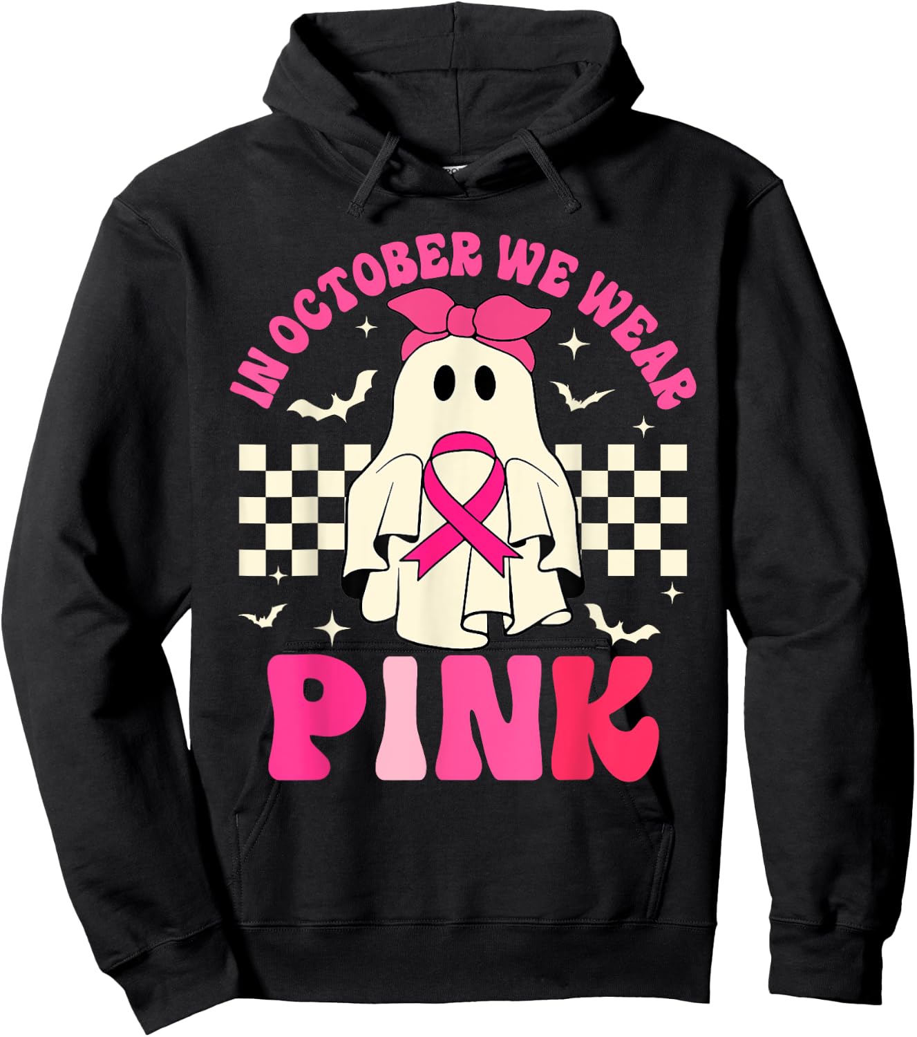 October We Wear Pink Halloween Ghost Breast Cancer Awareness Hoodie - Hoodie | Black