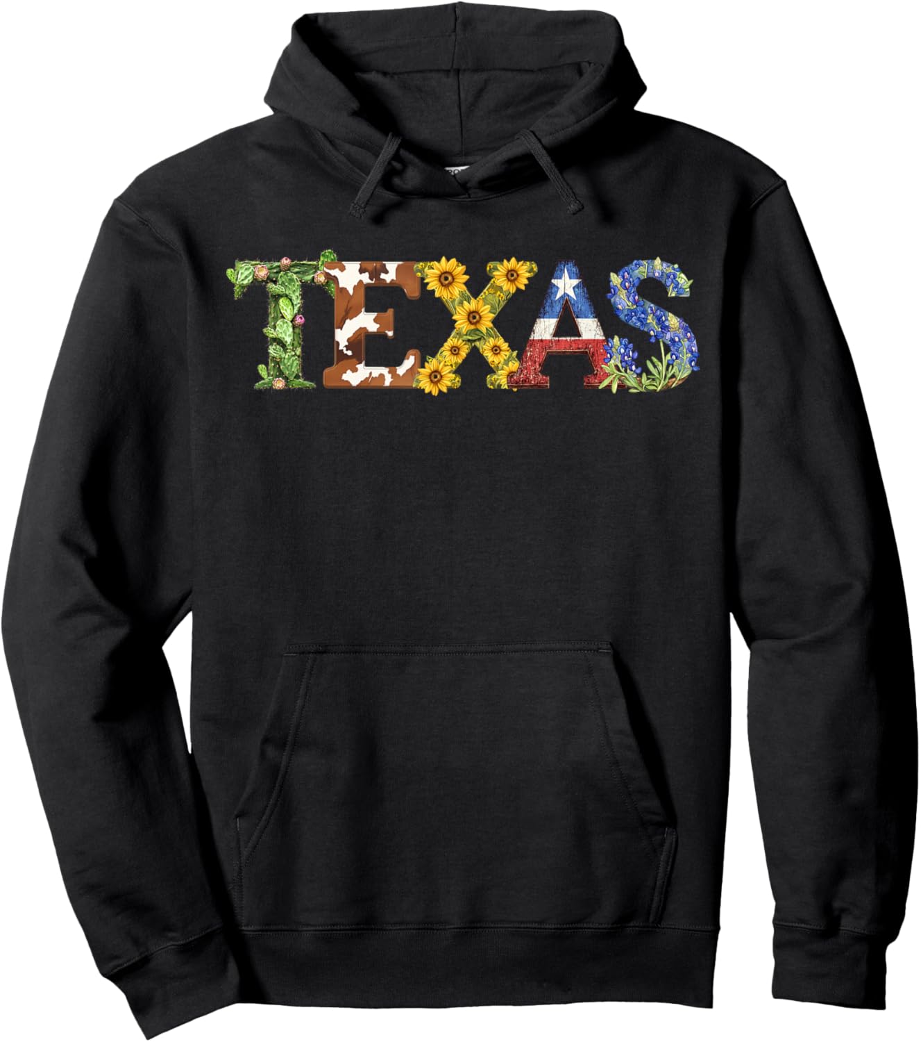 Texas-Themed Letters with Cactus, Sunflowers, & Bluebonnets Hoodie - Hoodie | Black