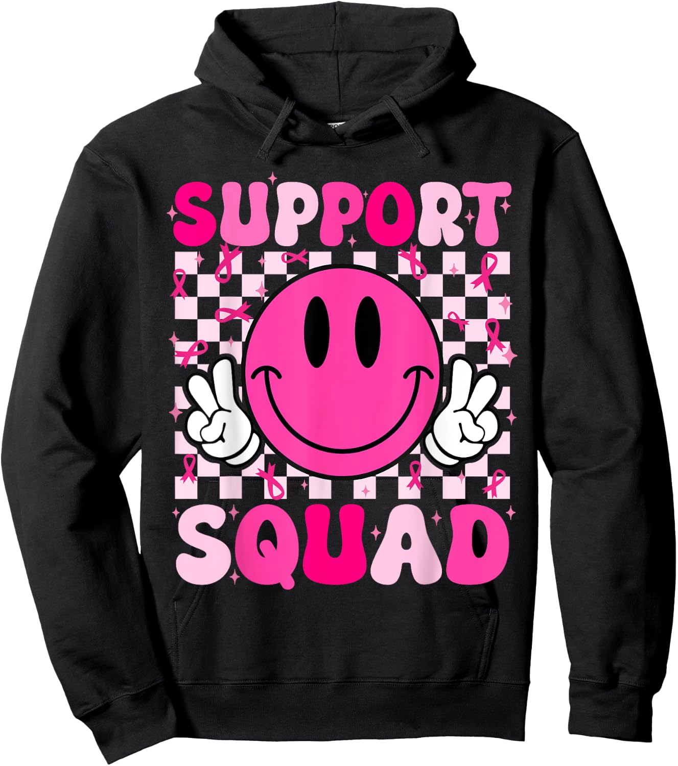 Groovy Breast Cancer Awareness Men Women Kids Support Squad Hoodie - Hoodie | Black