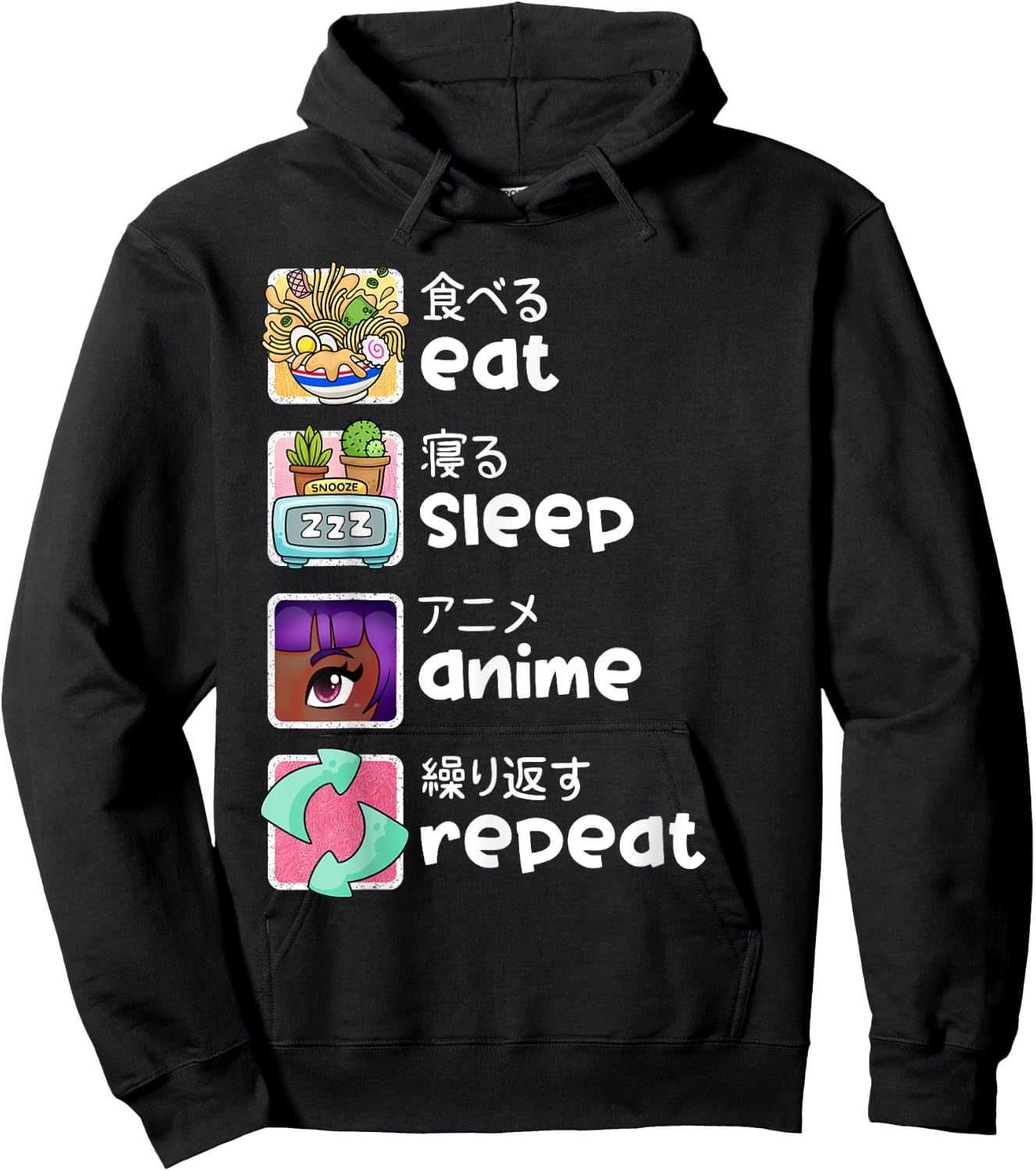 Eat Sleep Anime Repeat Kawaii Otaku Manga Japan Fan Kanji Hoodie - Hoodie | Black