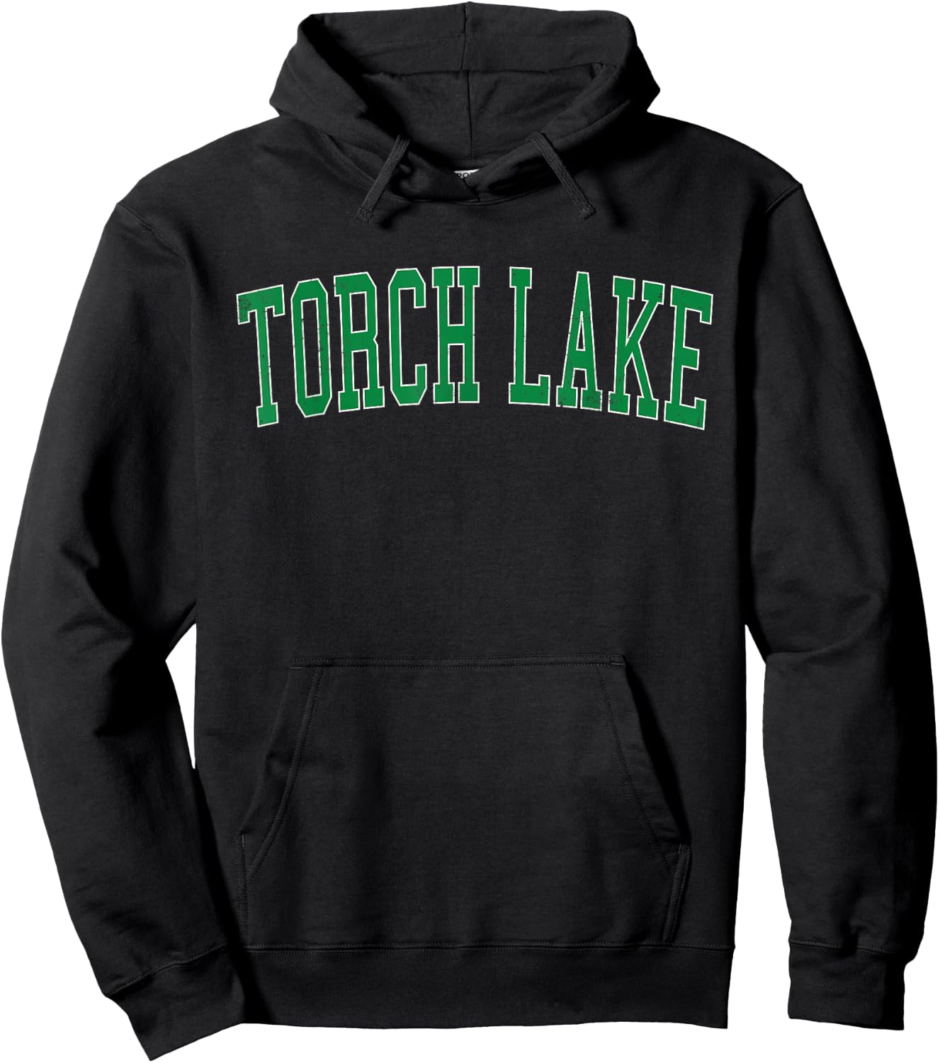 Vintage Torch Lake Distressed Green Varsity Style Hoodie - Hoodie | Black