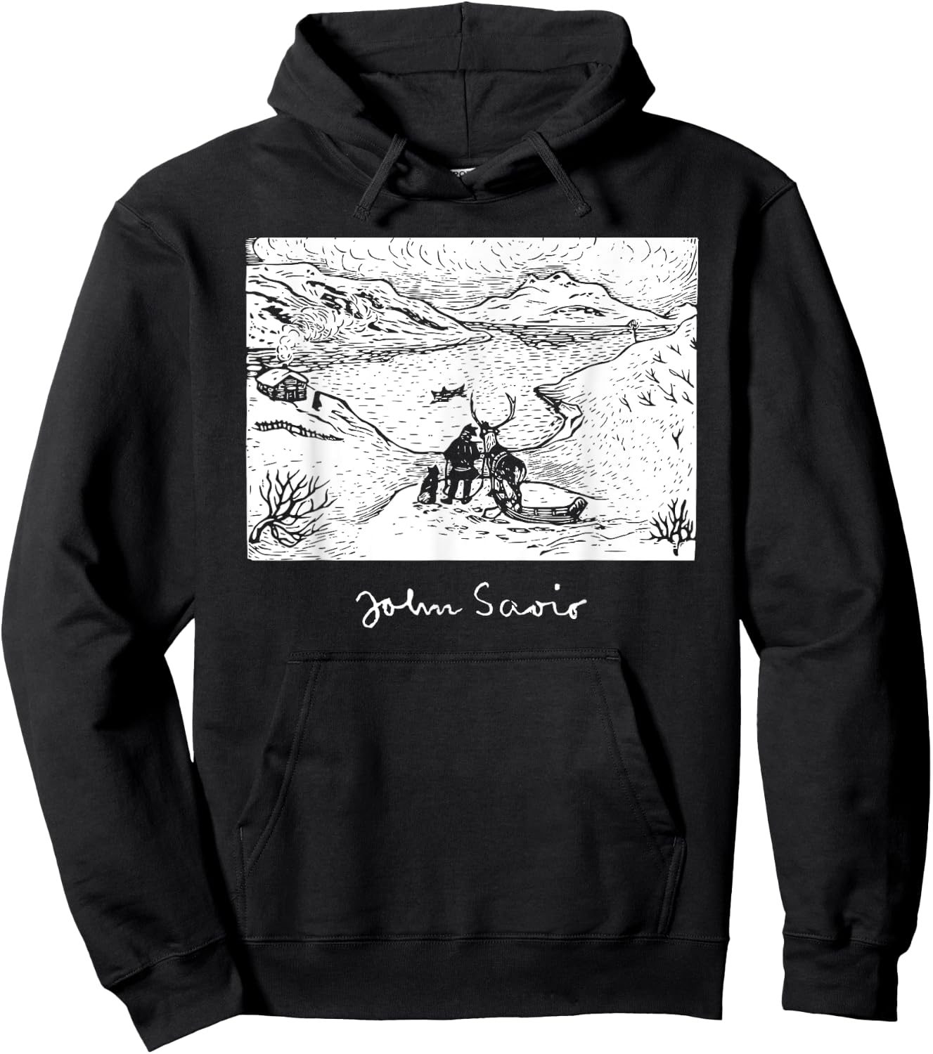John Savio Sami Art Lapland Lapp with Reindeer at Bay Snow Hoodie - Hoodie | Black