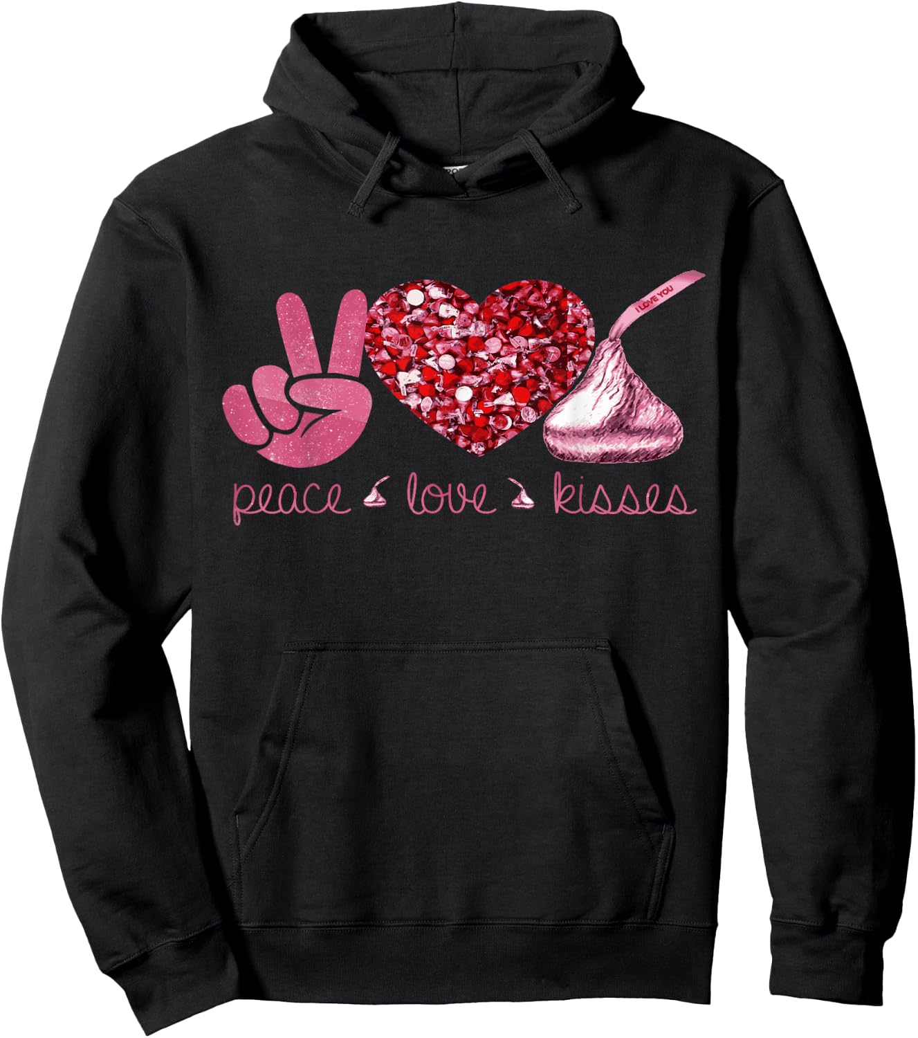 Valentines Day Peace Love Heart Chocolate Kisses Hoodie - Hoodie | Black