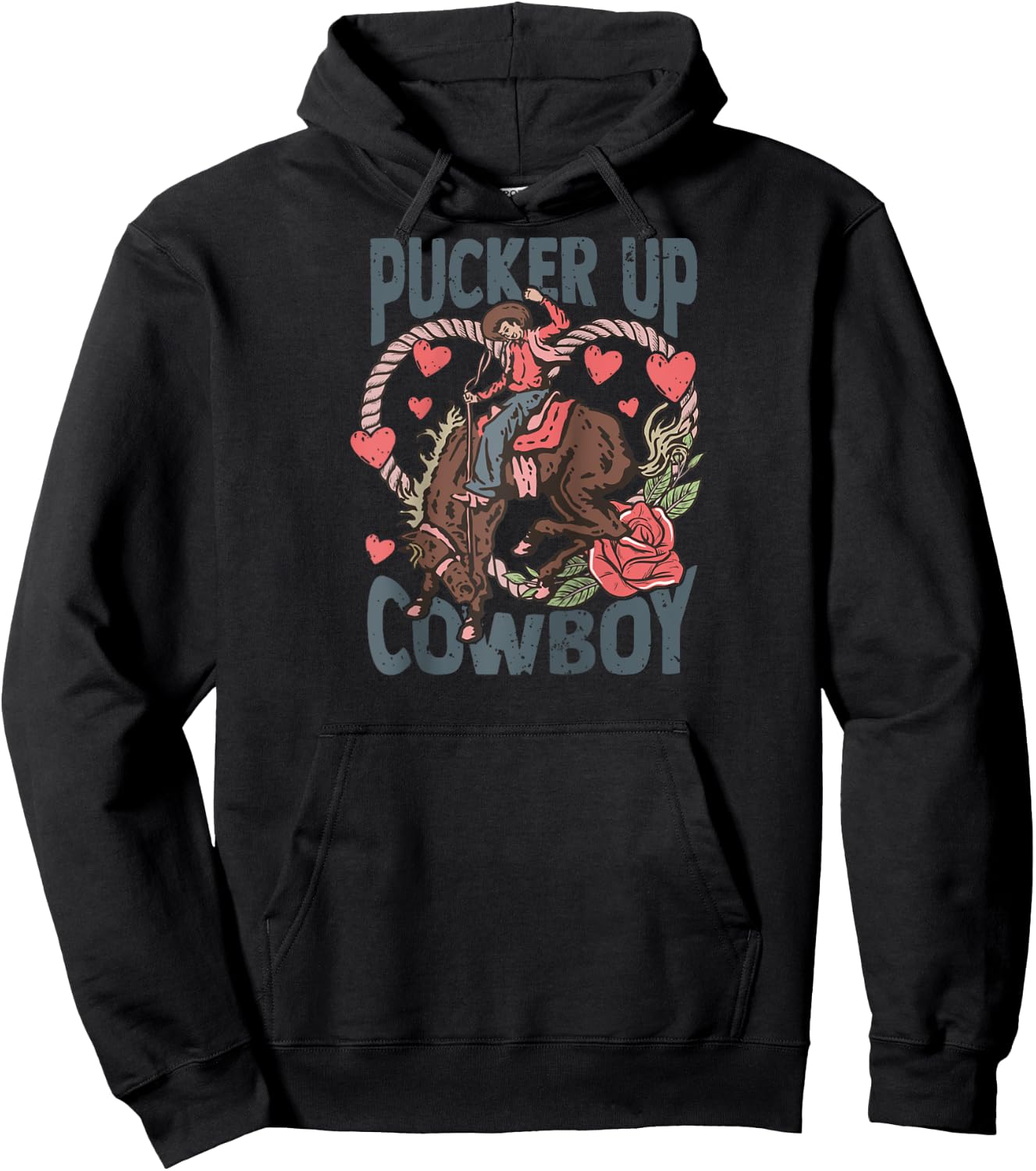 Pucker Up Cowboy Retro Groovy Howdy Valentines Cowboy Hat Raglan Baseball Hoodie - Hoodie | Black