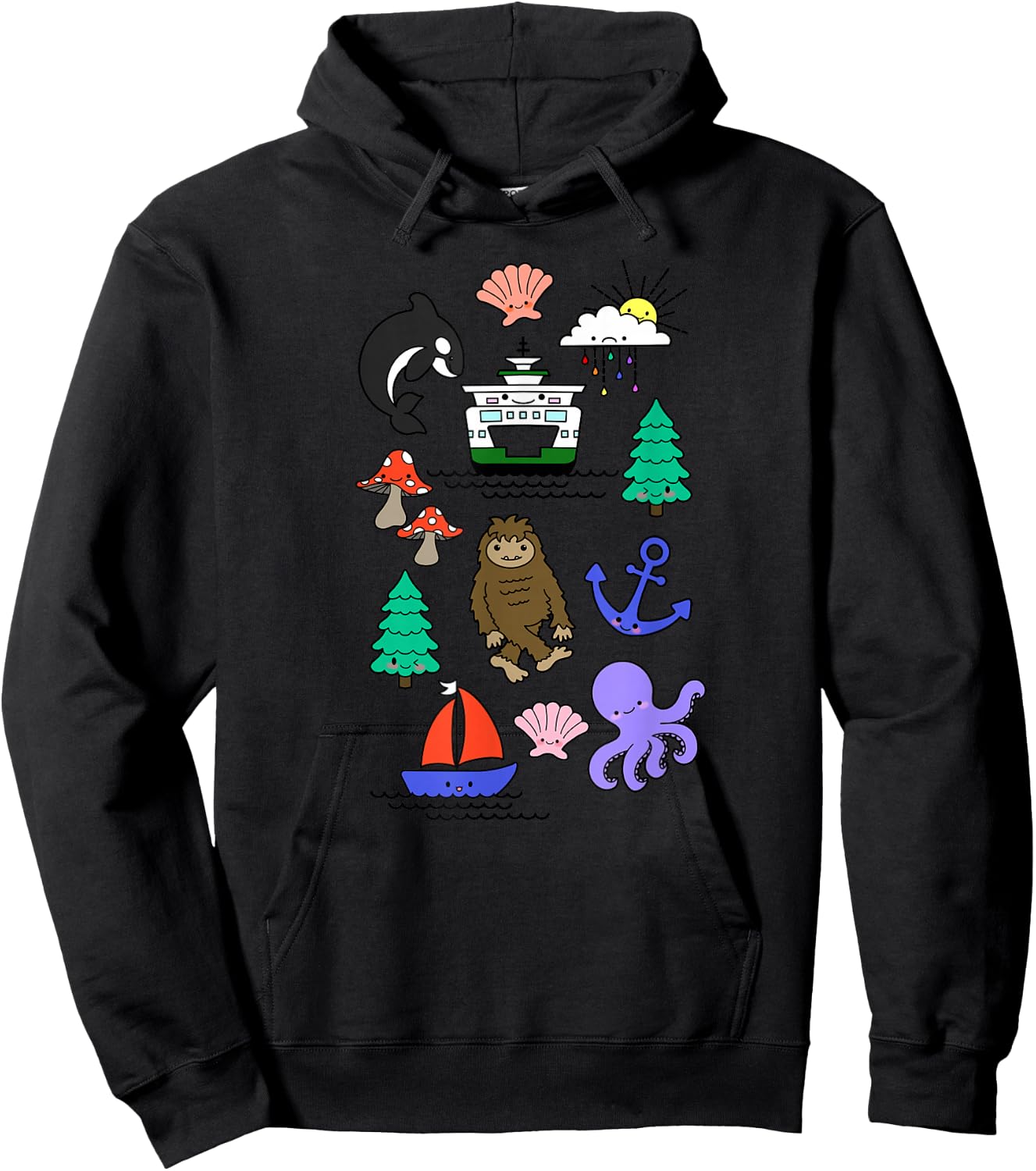 Pacific Northwest Kawaii Sasquatch Ferry Boat Doodle Sketch Hoodie - Hoodie | Black